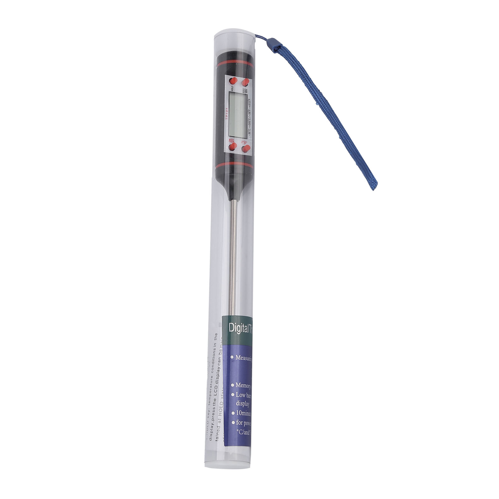 Digitales Thermometer in einem durchsichtigen Kunststoffröhrchen. Schwarz-rotes Thermometer mit blauem Band. Weißer Hintergrund.