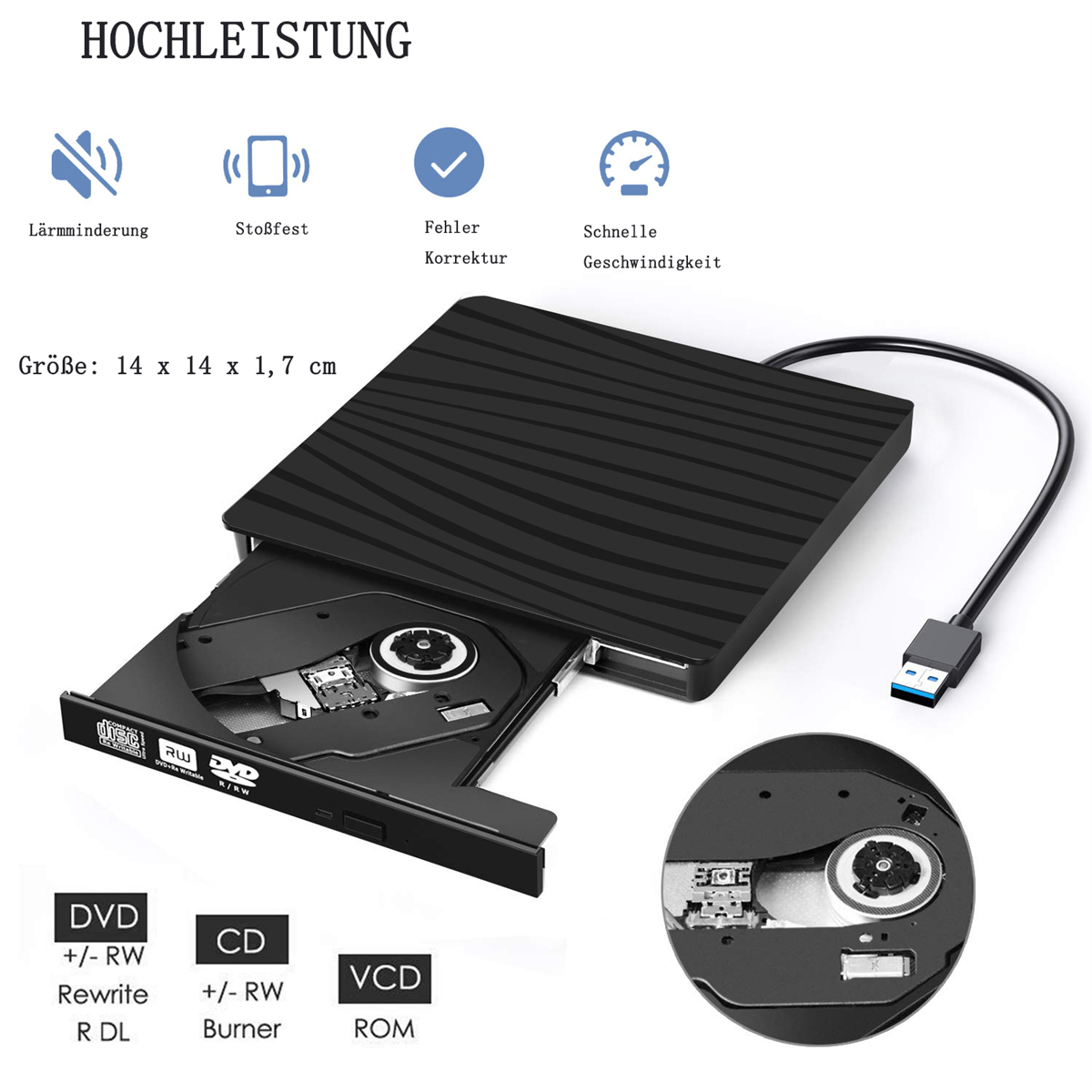 Ein schwarzes CD/DVD-Laufwerk mit USB-Kabel und schwarzem Deckel. Es gibt eine Disc darin.