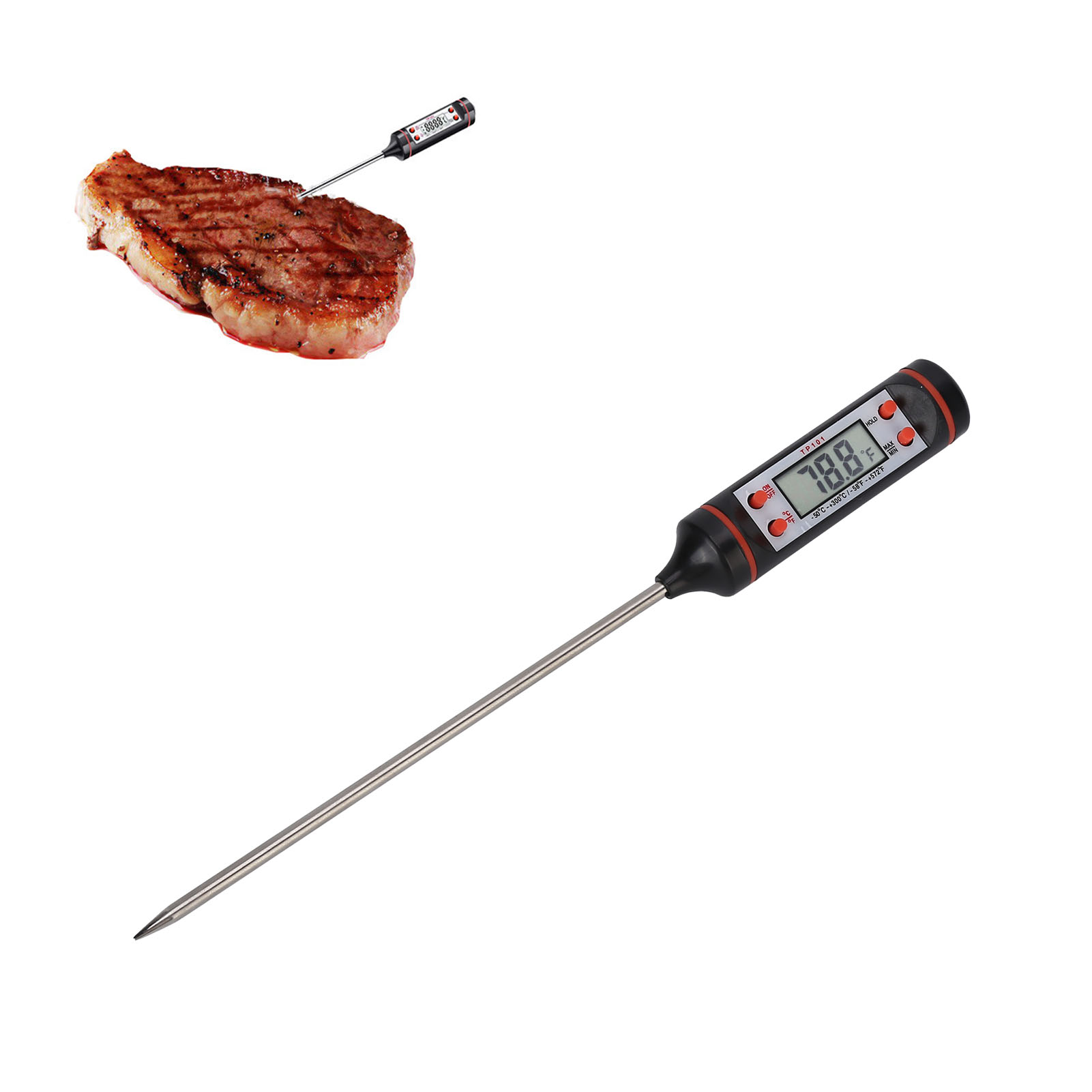 Digitales Fleischthermometer mit Steak. Das Thermometer zeigt 78,8 an, das Fleisch ist gegrillt.