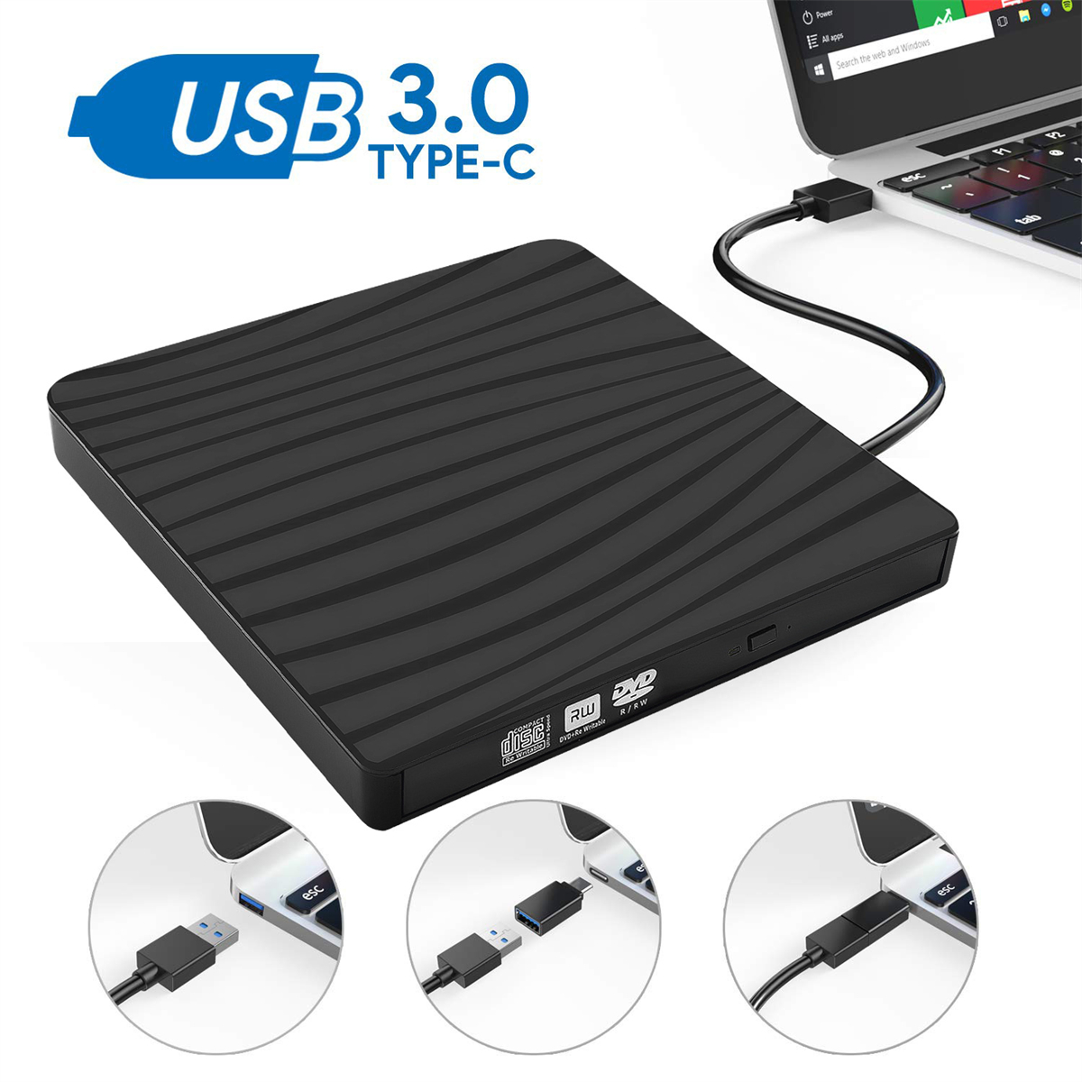 Schwarzes DVD-Laufwerk mit USB 3.0 und Typ-C-Anschlüssen, an Laptop angeschlossen.
