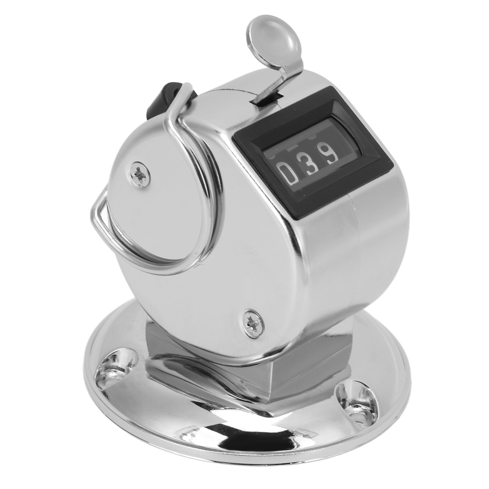 Ein mechanischer Chromzähler mit digitaler Anzeige '039'. Er steht auf einer runden Basis.