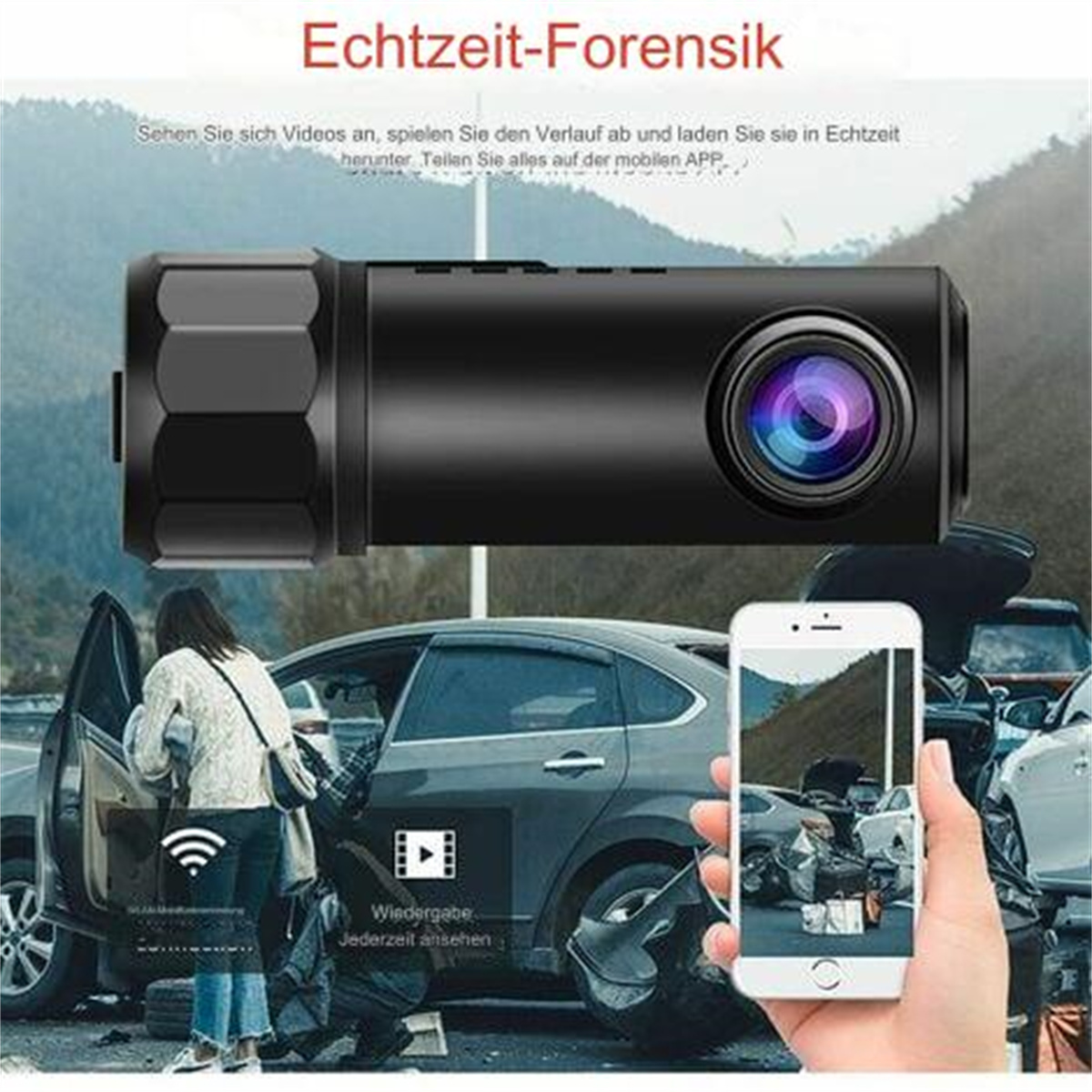 Schwarze Dashcam mit lila Linse, neben einem Telefon mit Autofotos. Auto im Hintergrund.