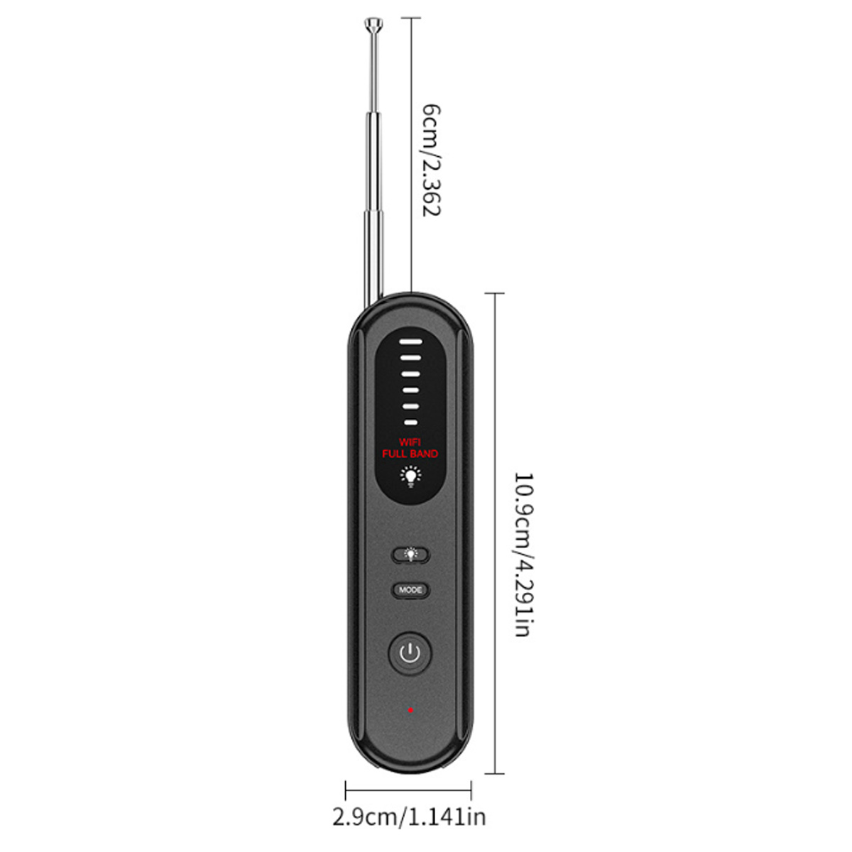 Schwarzer WLAN-Detektor. Es hat eine Antenne und verschiedene Lichter und Knöpfe, mit Messungen an der Seite.