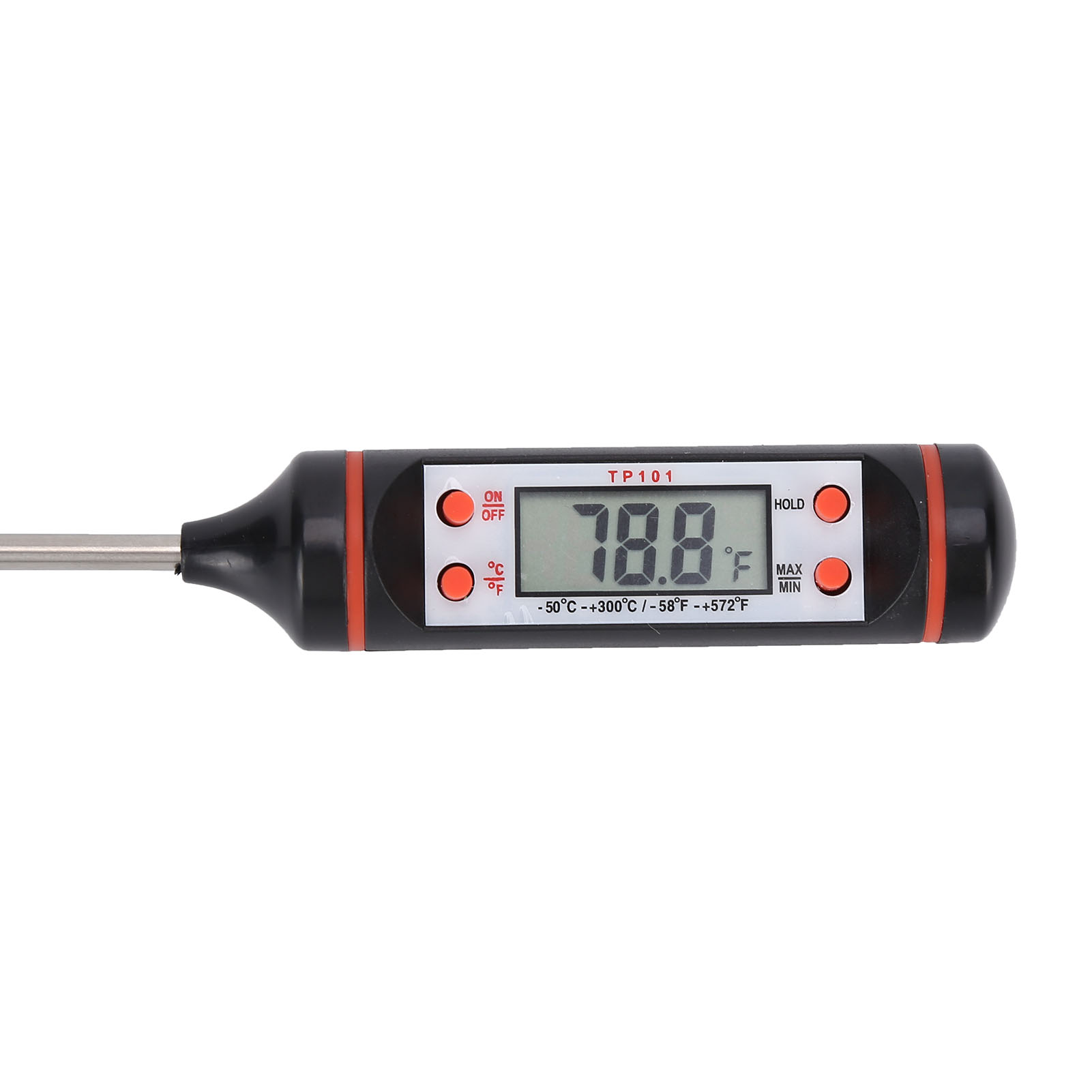 Thermometer mit Digitalanzeige, die 78,8 °F anzeigt. Es hat ein schwarz-rotes Gehäuse und eine Metallsonde.