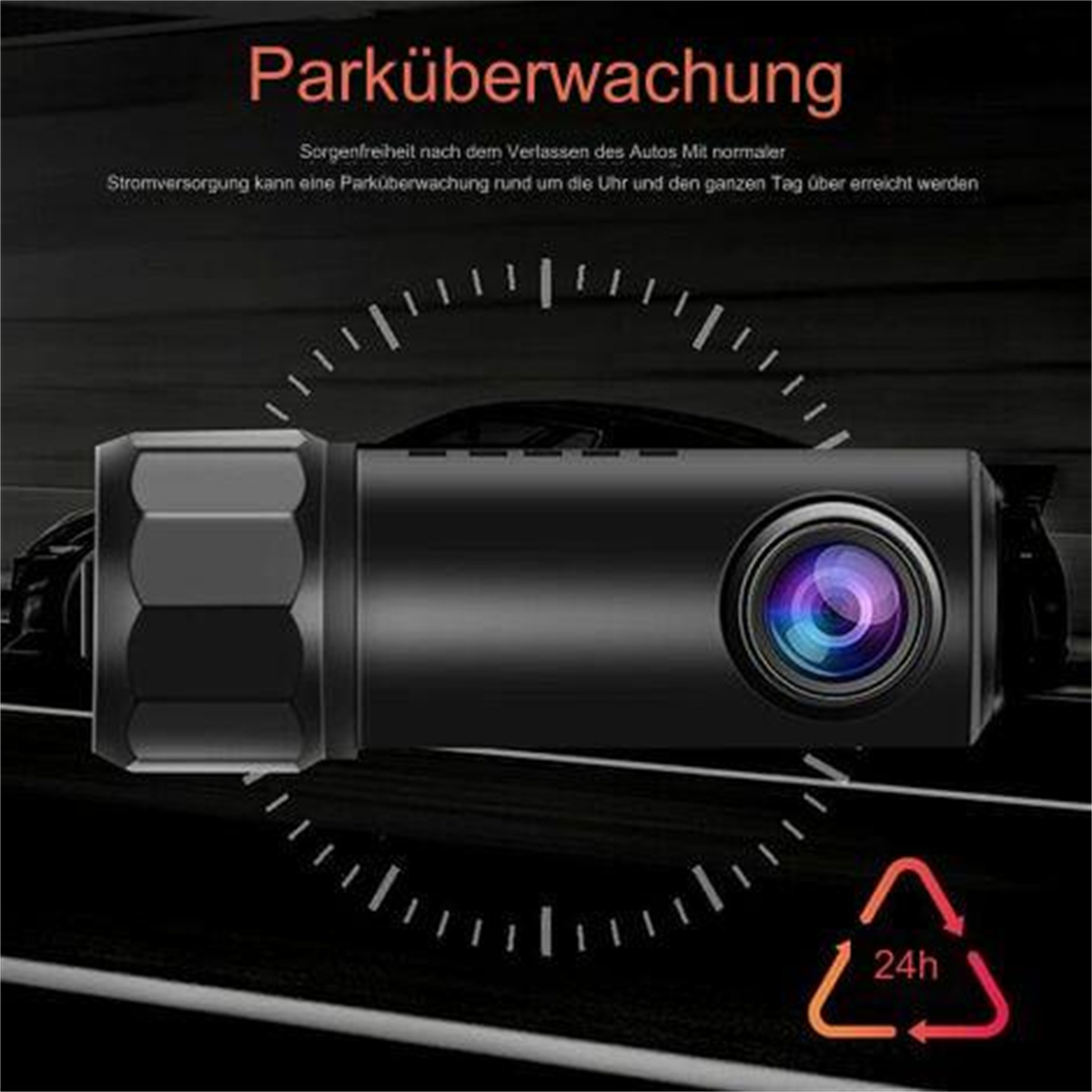 Schwarze Parküberwachungskamera mit Text 'Parküberwachung'. Ein 24h-Symbol wird gezeigt.