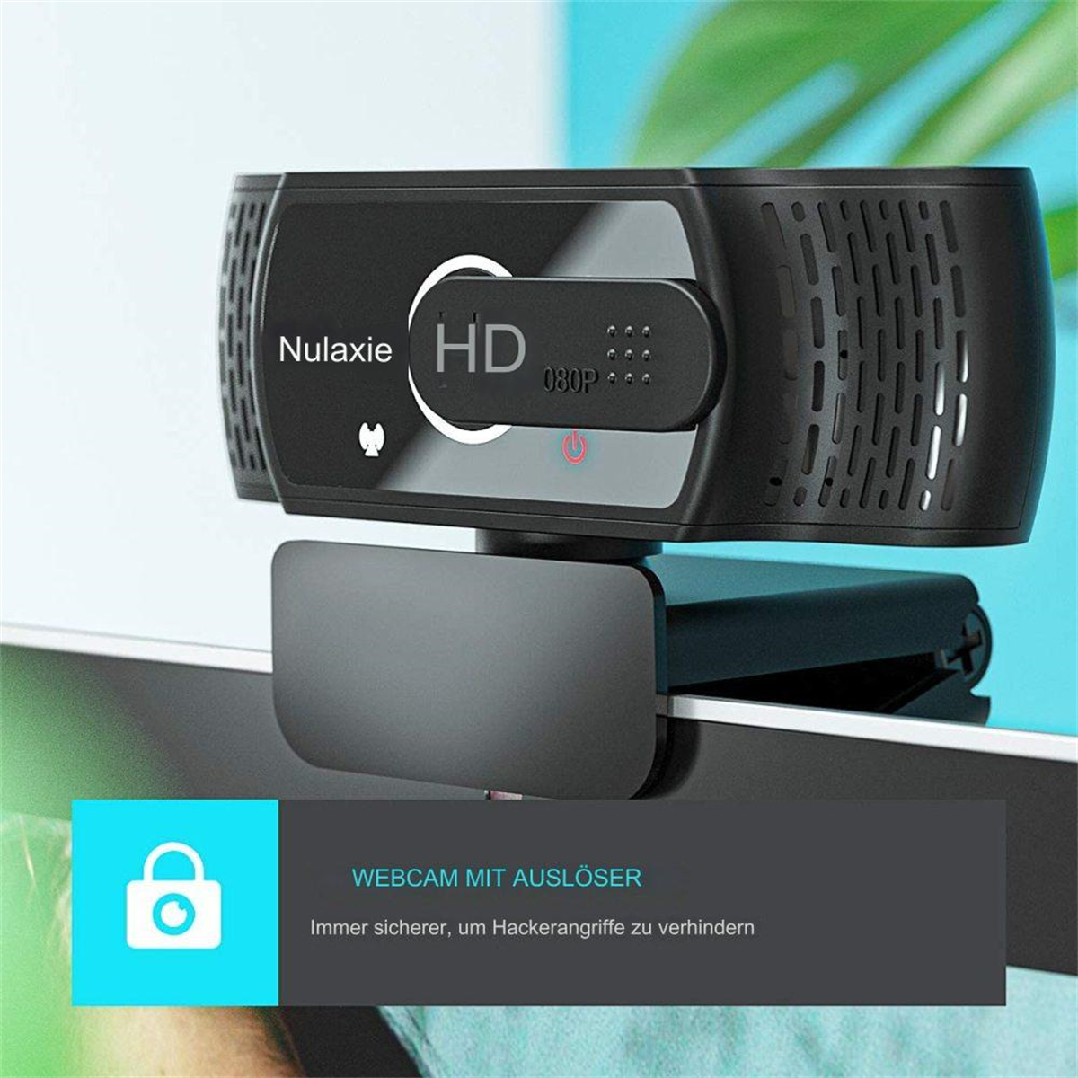 Schwarze Webcam mit HD-Logo und Text: Webcam mit Auslöser.