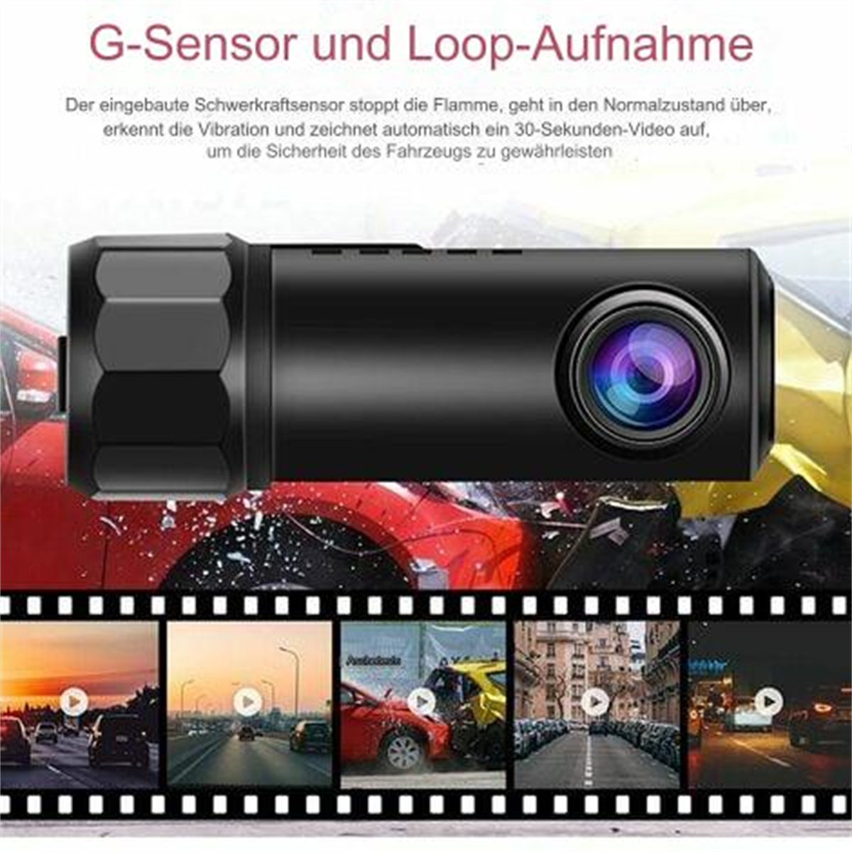 Eine schwarze Dashcam mit Objektiv. Unter der Kamera erscheinen mehrere Bilder von Autounfällen.