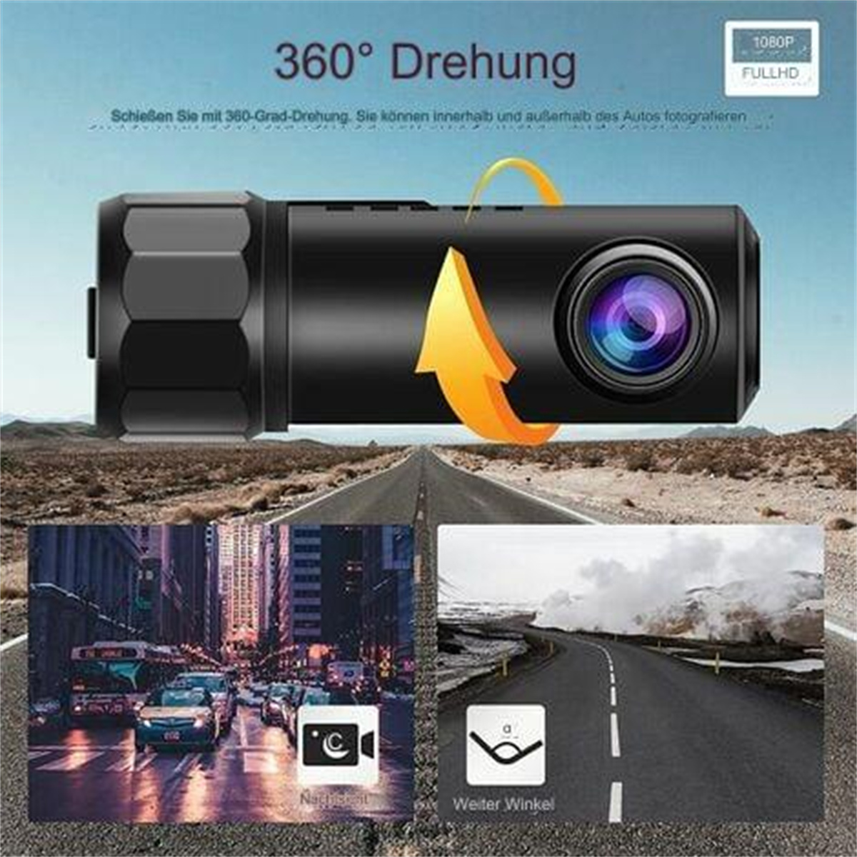 Schwarze Dashcam auf Straße mit Stadt- und Straßenbildern. Text: 360° Drehung.