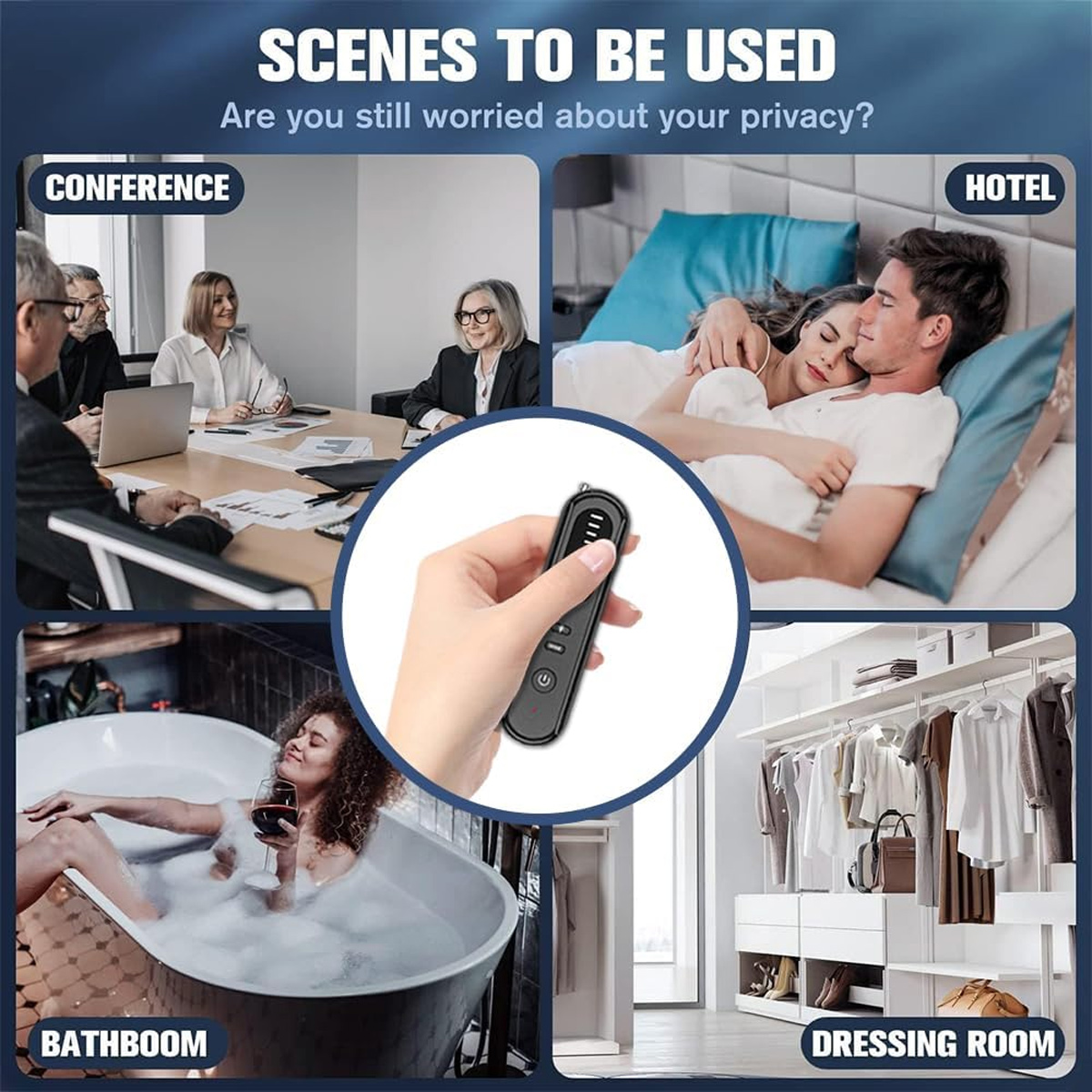 Bild zeigt Fernbedienung und Szenen: Konferenz, Hotel, Badezimmer und Ankleidezimmer.