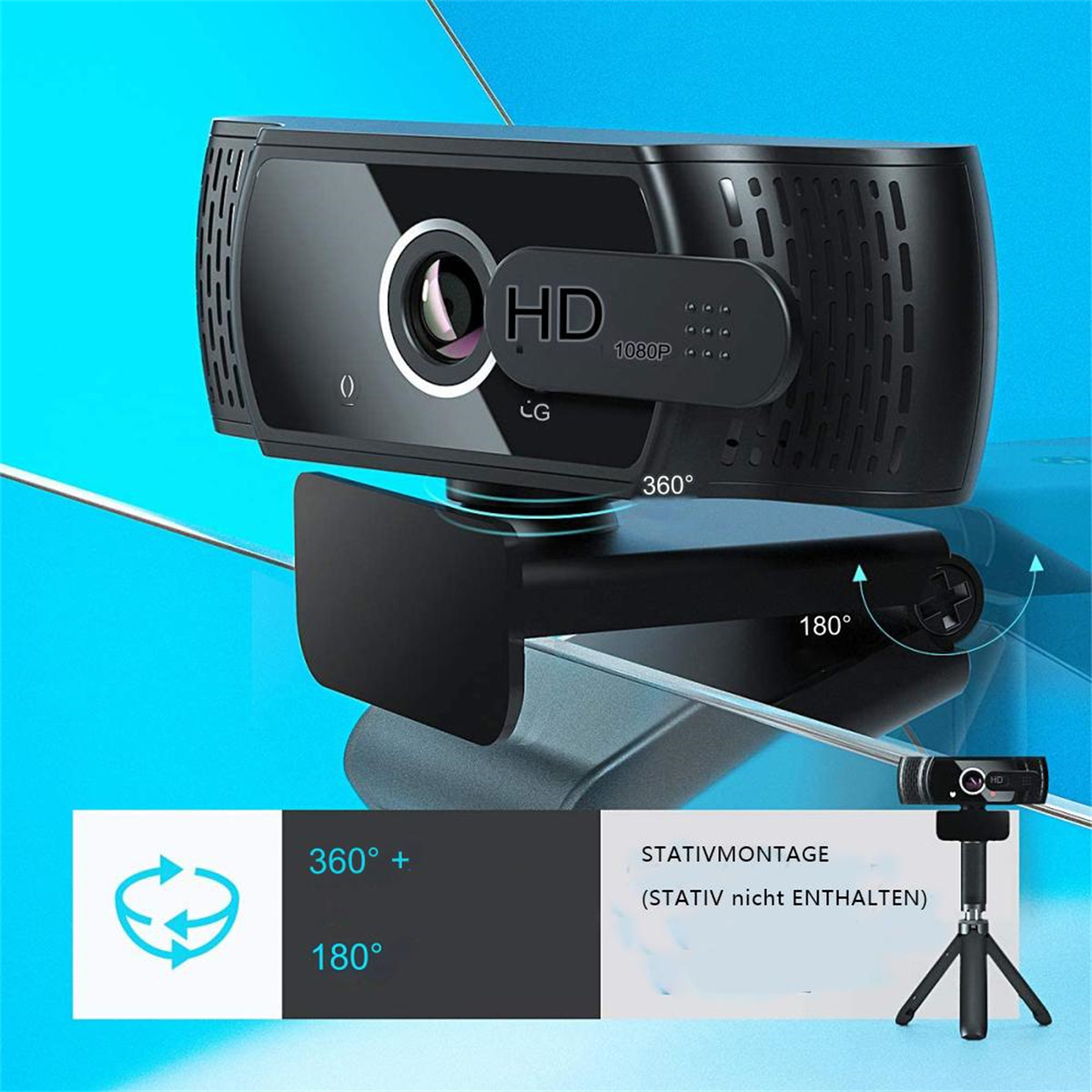 Schwarze Webcam mit 1080p-Objektiv. Auf blauem Hintergrund, mit Stativ-Illustration.