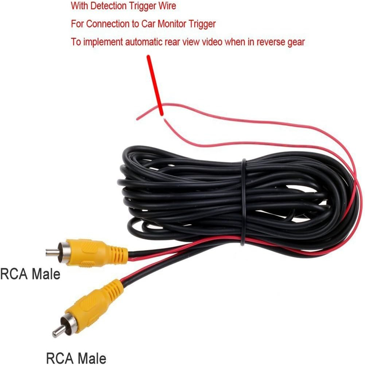 RCA-Steckerkabel und ein rotes Kabel. Text: 'Rückfahrvideo beim Einlegen des Rückwärtsgangs'.