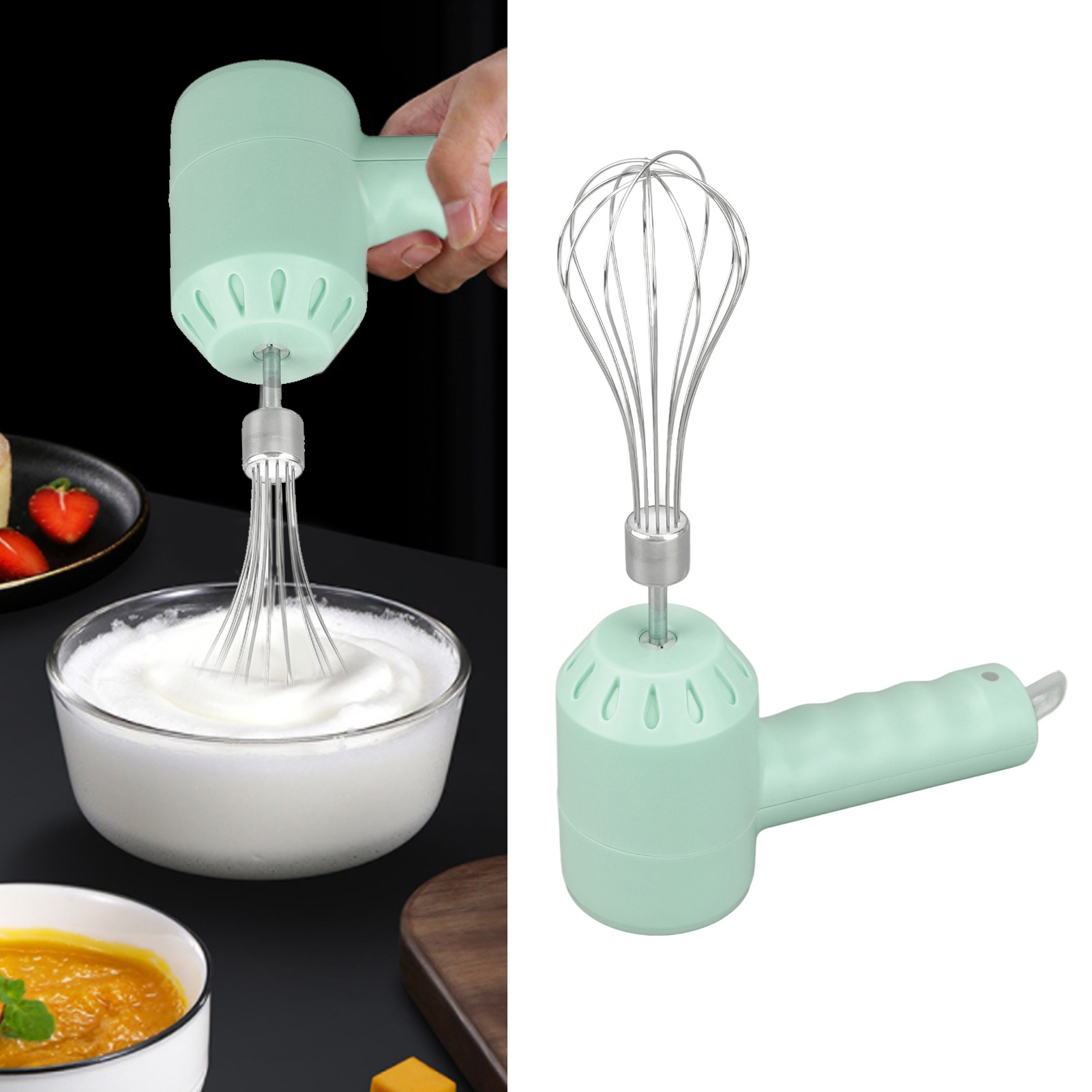 Ein elektrischer Handmixer mit Schneebesenaufsatz. Eine Ansicht zeigt das Mischen, die andere den Mixer.