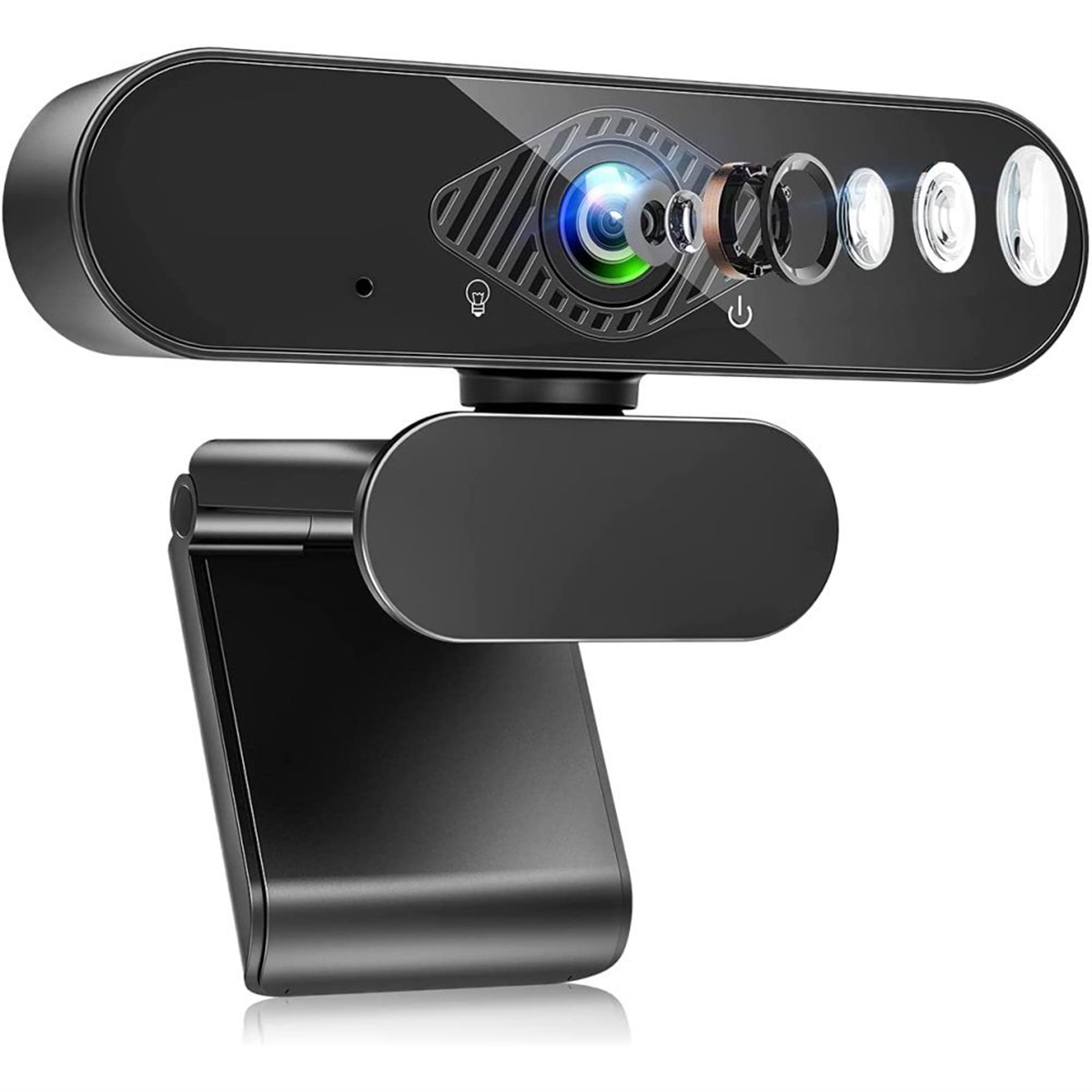 Schwarze Webcam mit mehreren Linsen und Lichtern. Sie ist auf einem Ständer montiert. Der Hintergrund ist weiß.