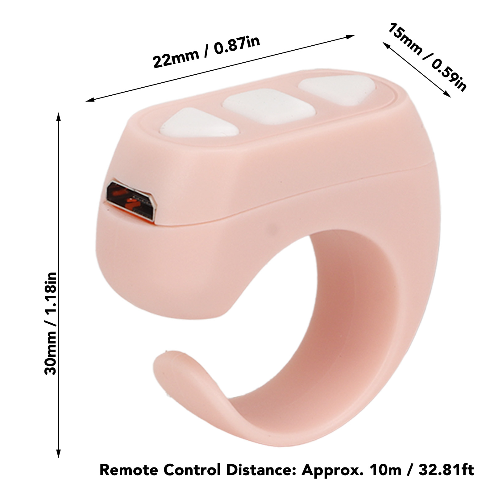 Ein rosa Ring mit drei weißen Knöpfen. Maße: 22mm, 30mm, 15mm. Fernbedienungsreichweite 10m.