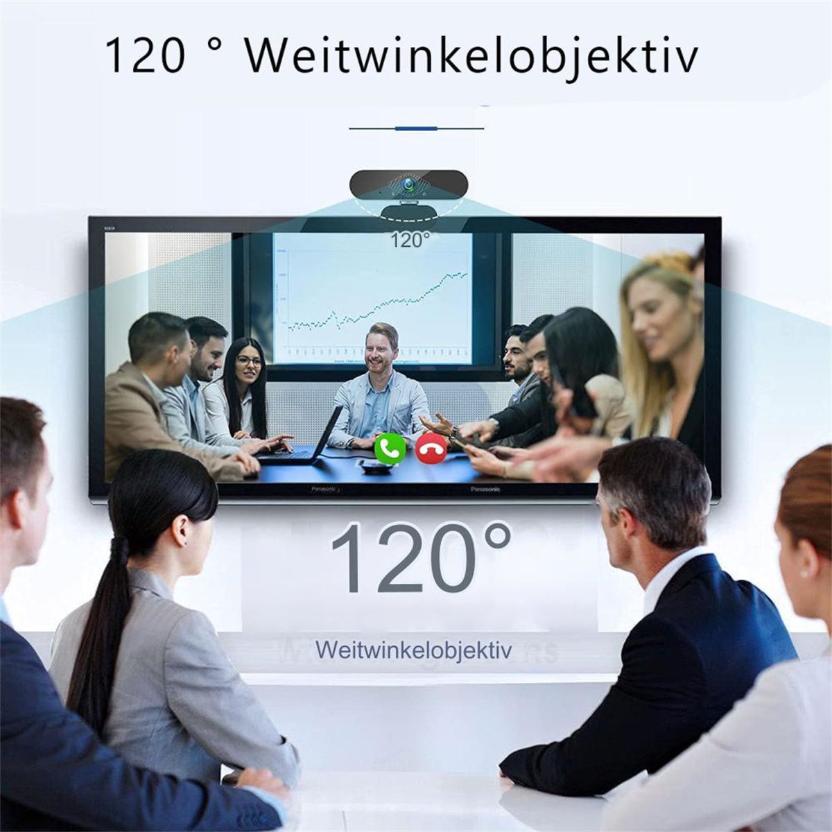 Leute in einem Meeting, ein Bildschirm zeigt eine Telefonkonferenz. Eine Webcam befindet sich über dem Bildschirm.