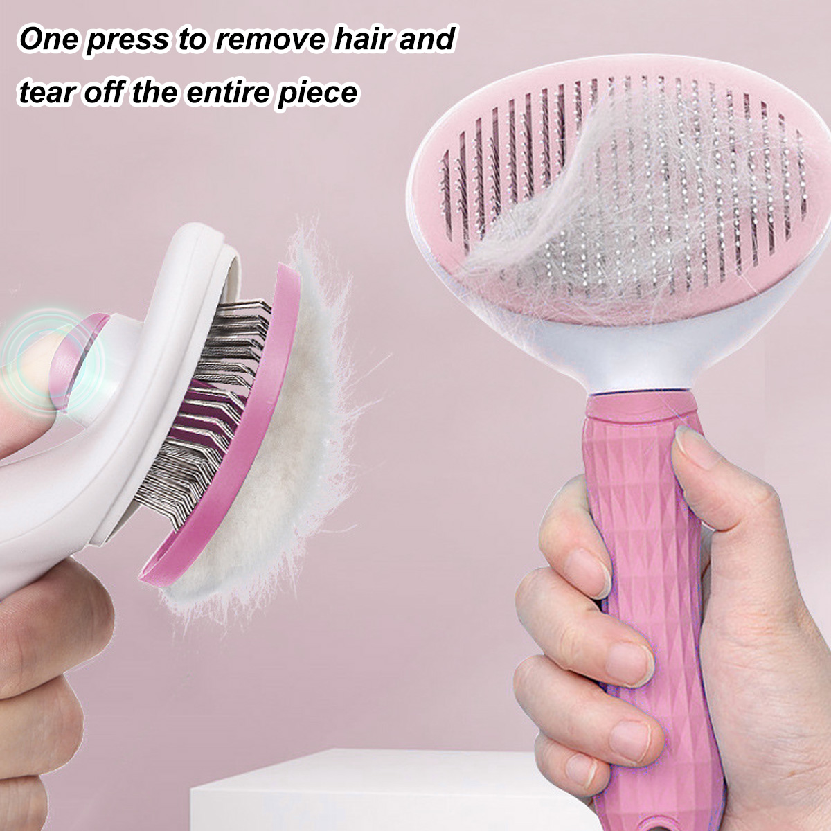 Eine rosa Haustierbürste, mit der Haare entfernt werden, mit dem Text 'Haare entfernen und abreißen'.