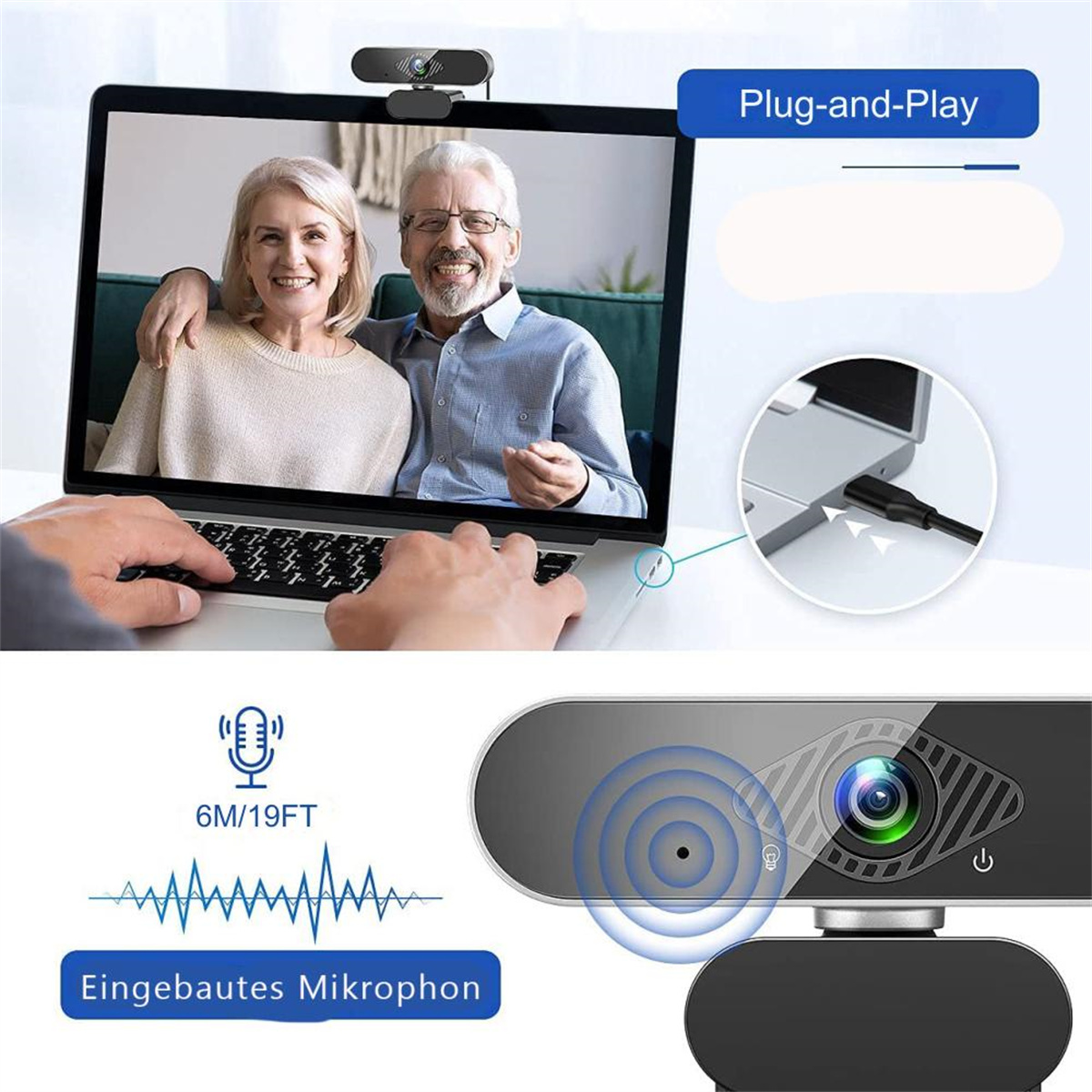Webcam auf Laptop, mit Paar auf dem Bildschirm. Plug & Play-Funktion hervorgehoben.