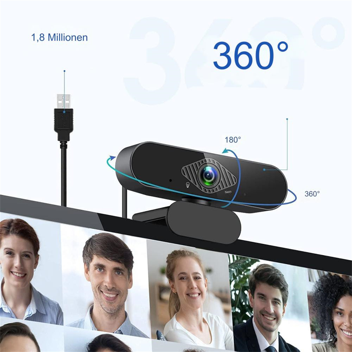 Schwarze Webcam mit 360° Drehung, Kabel und Personen unten.