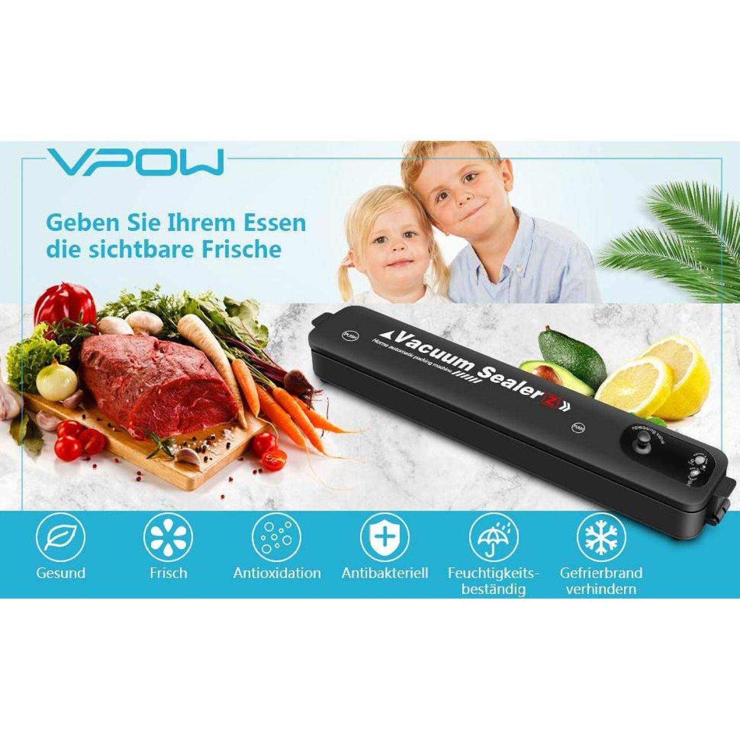 Vakuumiergerät mit Lebensmitteln und zwei lächelnden Kindern. Text: Vacuum Sealer.