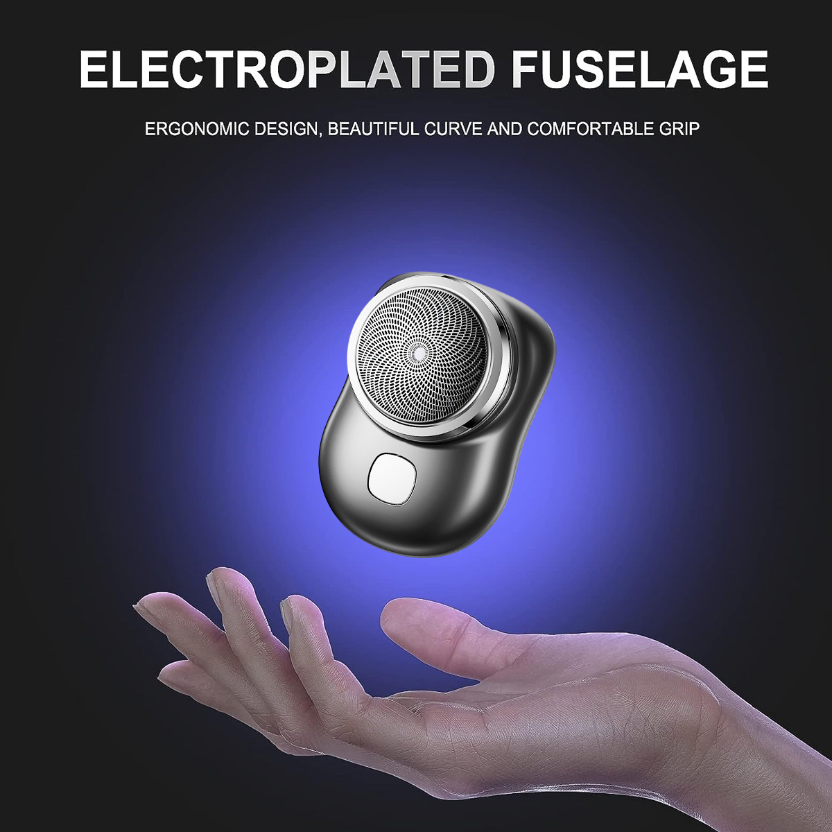Ein kleiner, silberner Elektrorasierer, gehalten von einer Hand, mit Text über sein Design.