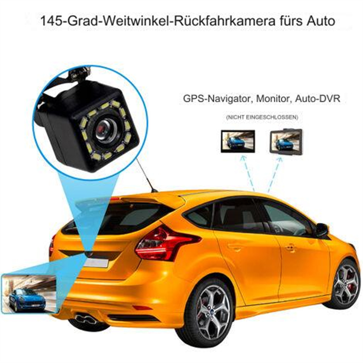 Ein gelbes Auto mit einer Rückfahrkamera. Die Kamera wird in einem Diagramm gezeigt.