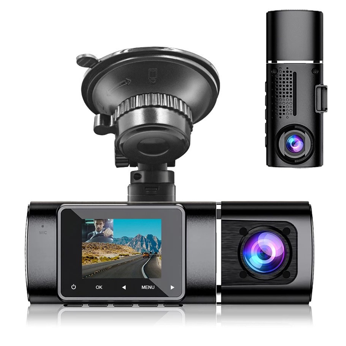 Schwarze Dashcam mit Bildschirm, Saugnapf und Seitenkamera.