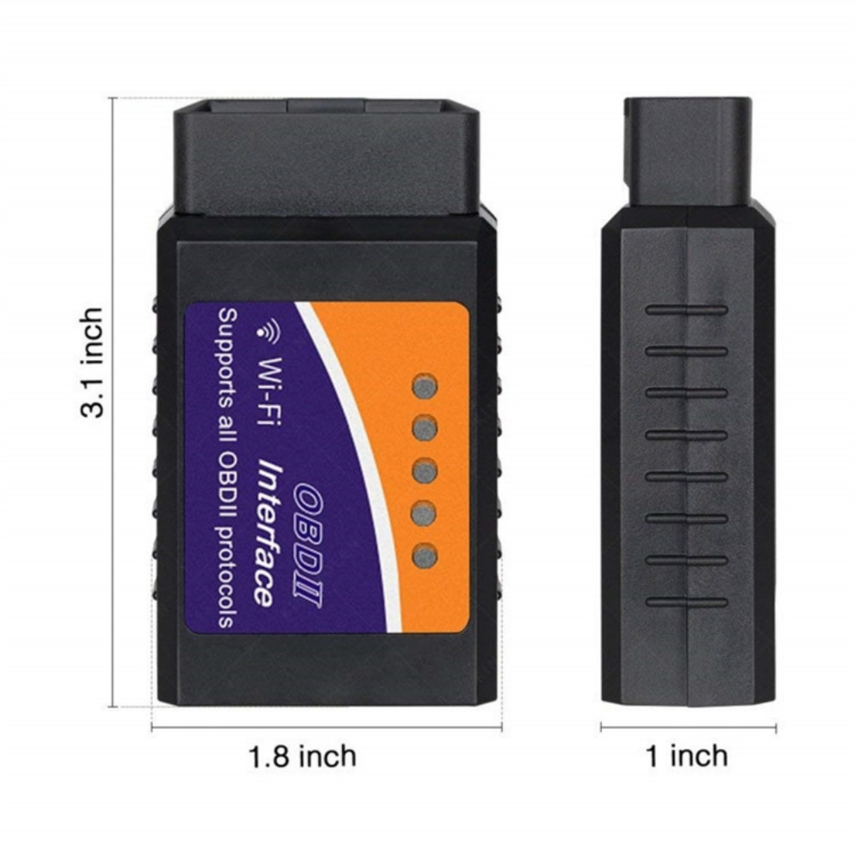 Schwarze OBDII-Schnittstelle mit den Maßen 3,1x1,8x1 Zoll, mit Wi-Fi und OBDII-Protokollen.