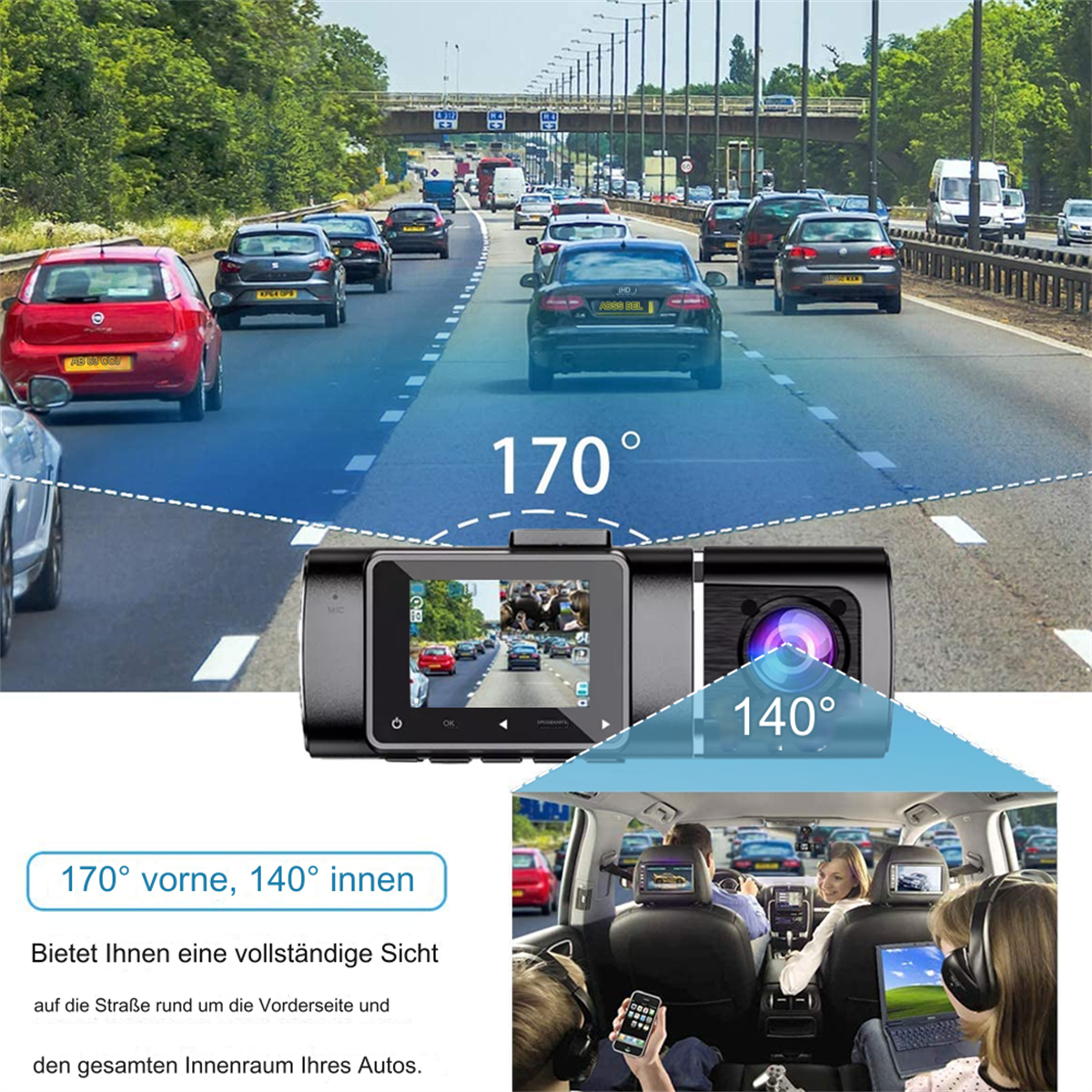 Dashcam zeigt Straßenansicht, Autos und einen Bildschirm. Text zeigt 170° vorne und 140° innen.
