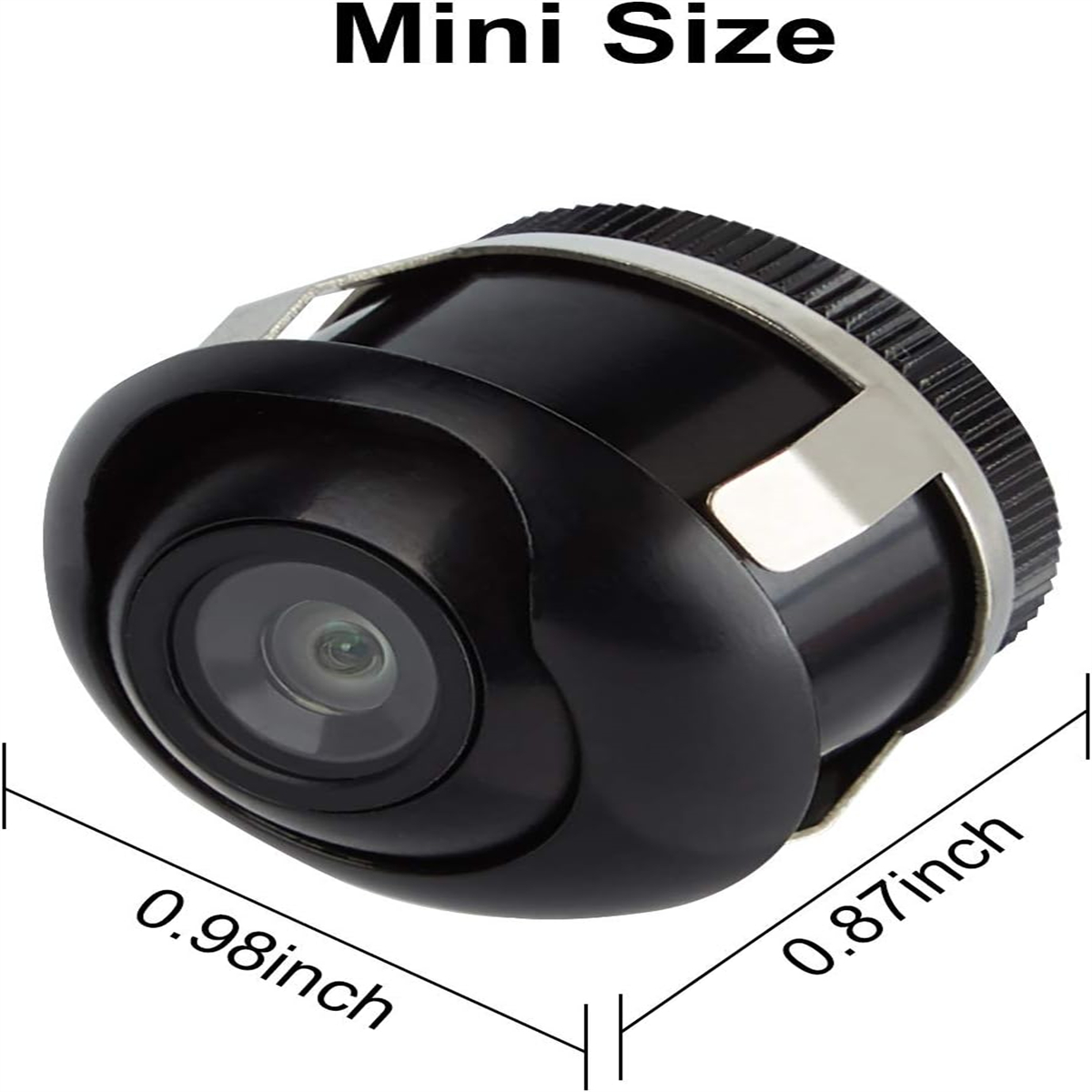 Mini-Größe schwarze Kamera. Sie hat ein kreisförmiges Objektiv und ist von einem silbernen Metallrahmen umgeben.