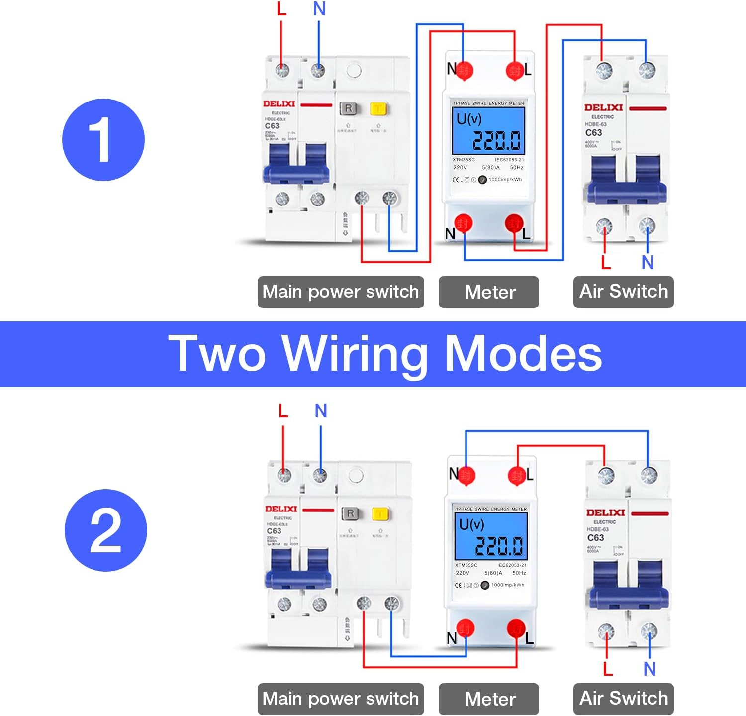 Diagramm der elektrischen Verdrahtungsmodi für einen Stromzähler und Schalter.