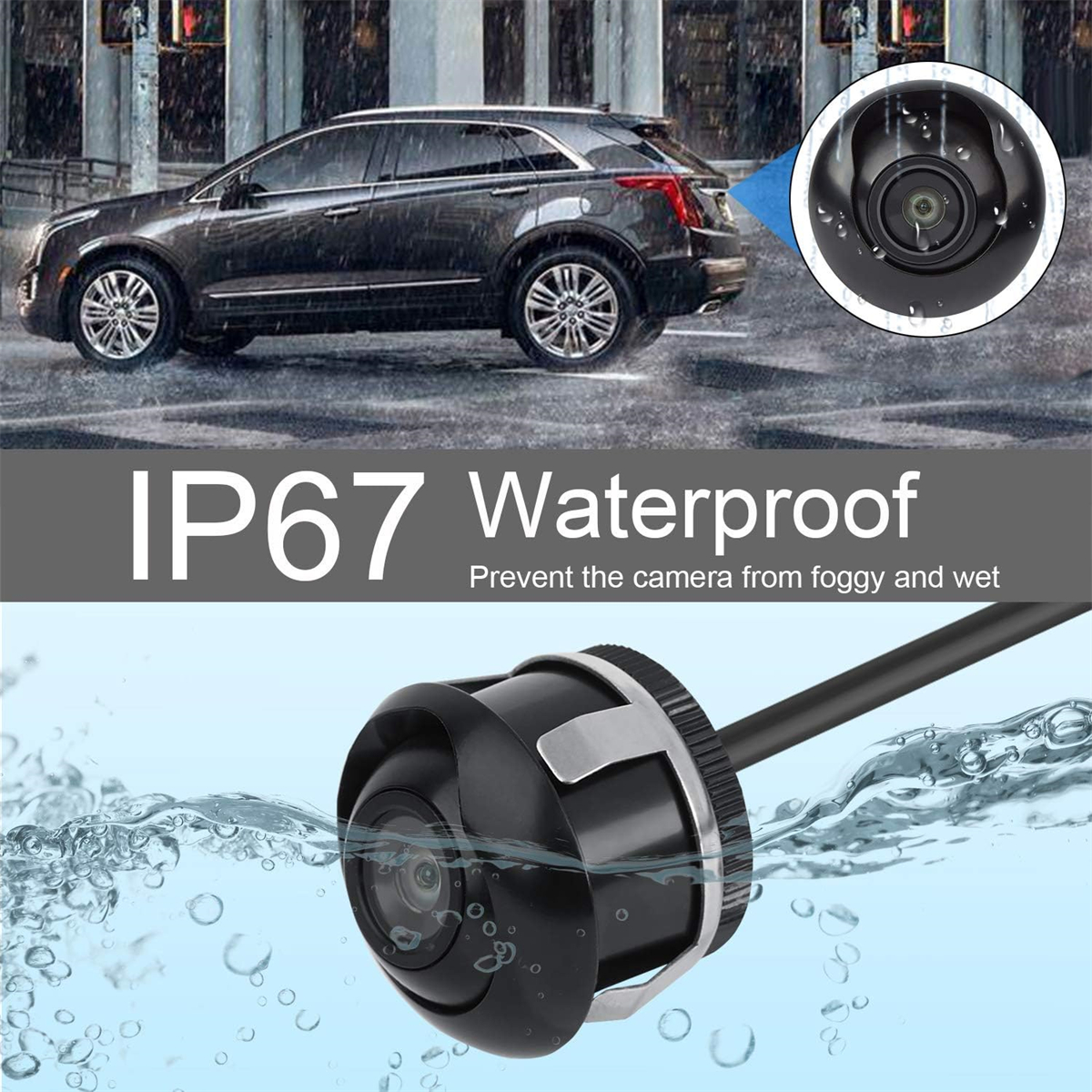 Eine Autokamera mit 'IP67 Wasserdicht'-Text. Die Kamera ist schwarz, an einem Auto montiert.