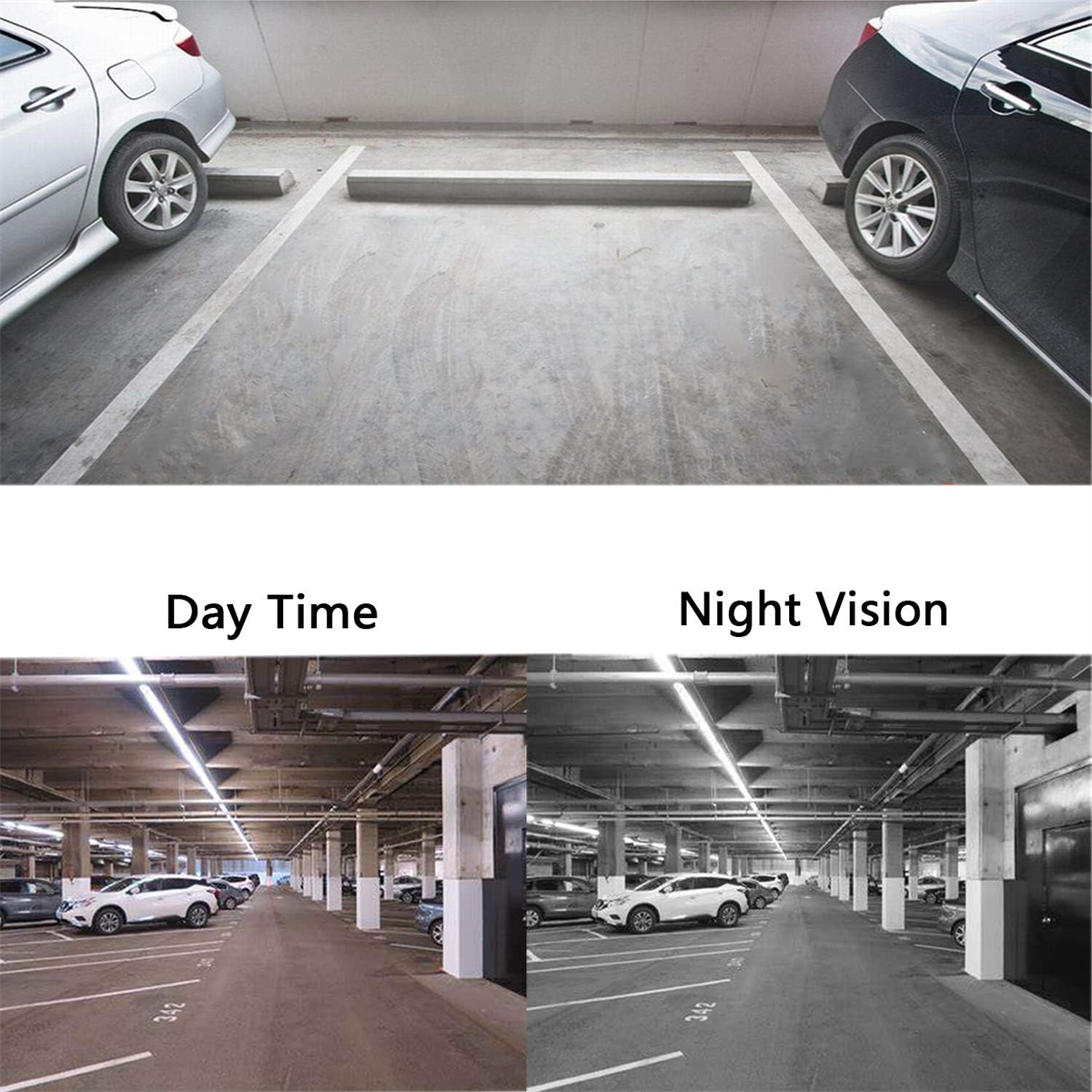 Tag- und Nachtansicht eines Parkplatzes. Tag zeigt Autos und Linien. Nacht zeigt dasselbe in Schwarzweiß.