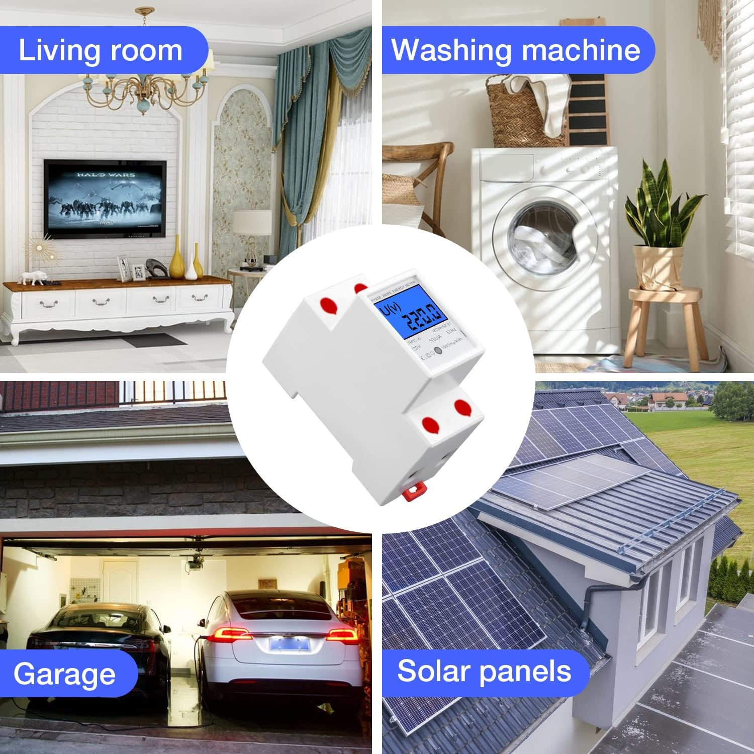 Collage von Bildern: Wohnzimmer, Waschmaschine, Schalttafel und Garage mit Autos.