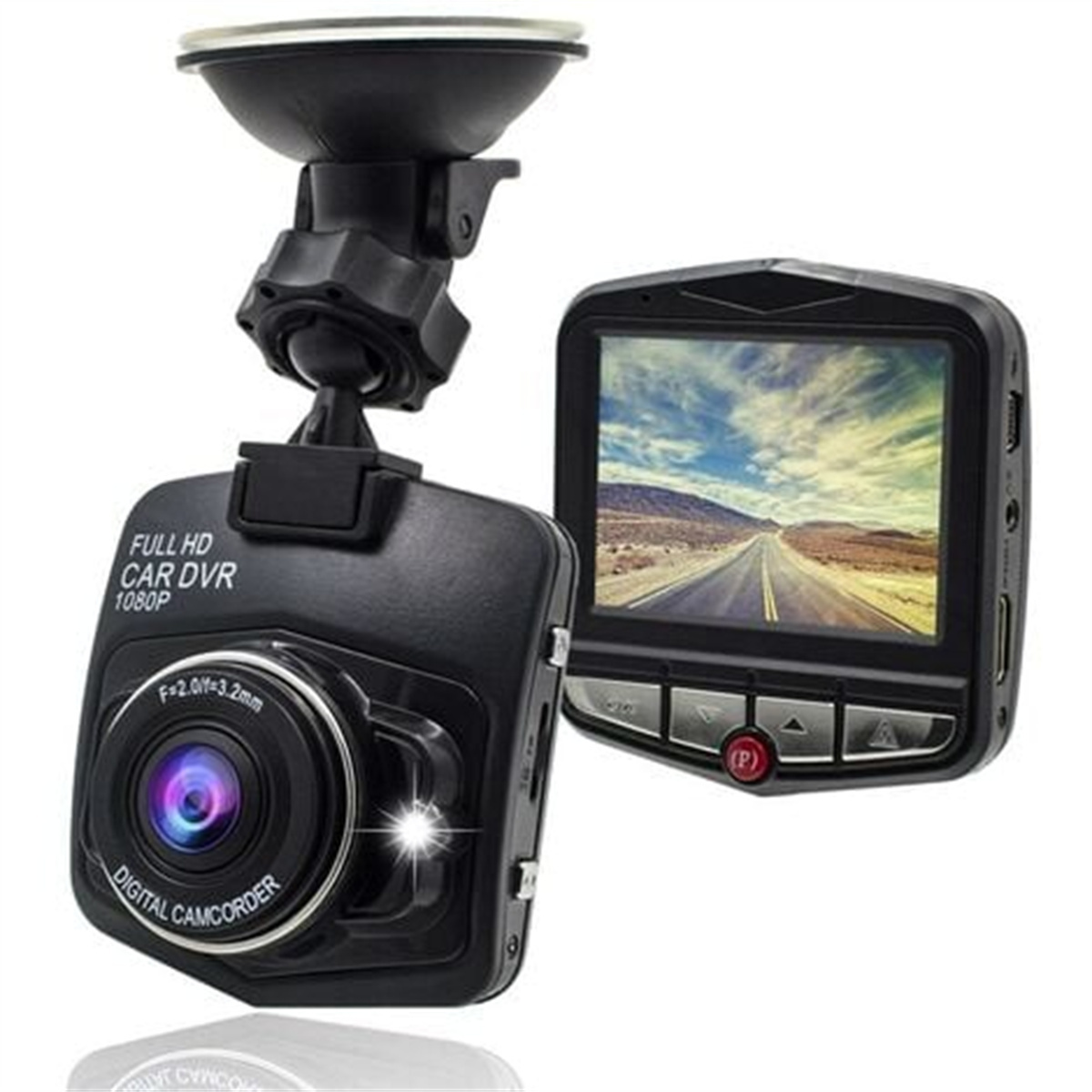 Schwarze Auto-DVR-Kamera mit Saugnapfhalterung und Bildschirm. Zeigt eine Straßenszene.