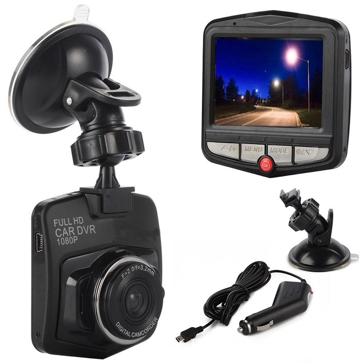 Auto-DVR-Dashcam mit Bildschirm, Saugnapfhalterung und Netzteil, schwarz auf weißem Hintergrund.
