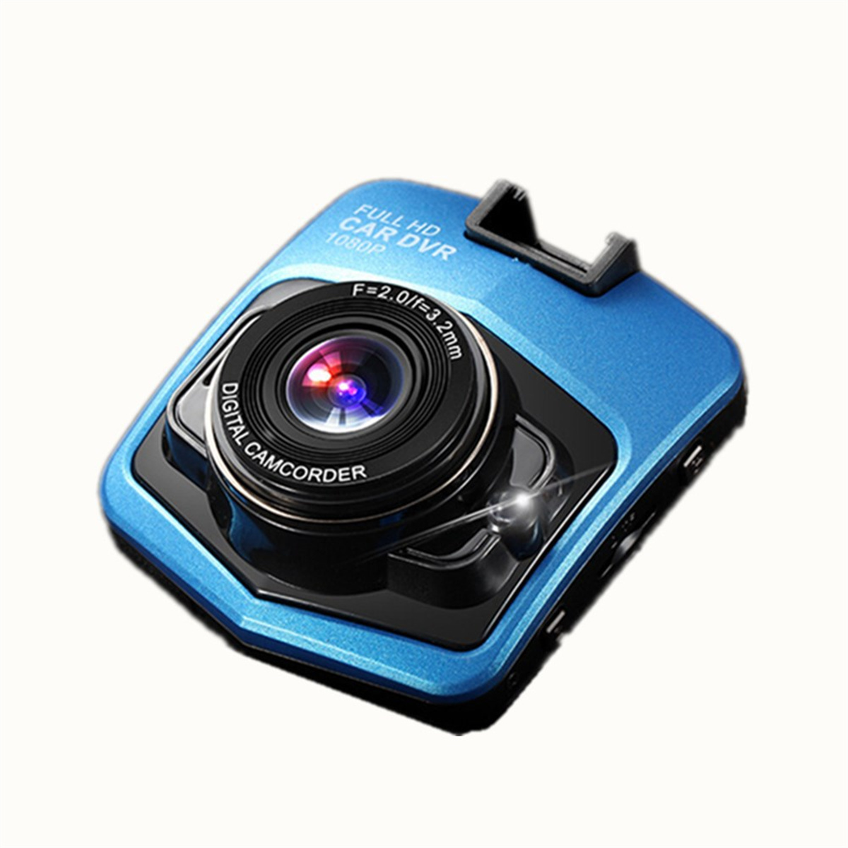 Blauer Auto-DVR, schwarze Linse und ein Bildschirm. 'FULL HD CAR DVR 1080P' ist aufgedruckt.