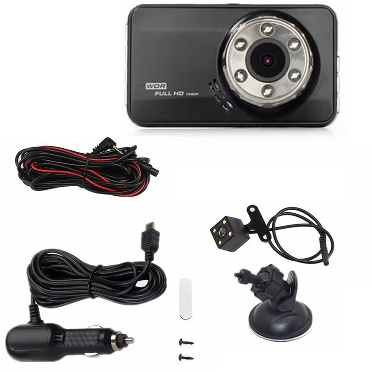 Eine Dashcam mit Zubehör, einschließlich Rückfahrkamera, Kabeln und Saugnapfhalterung.