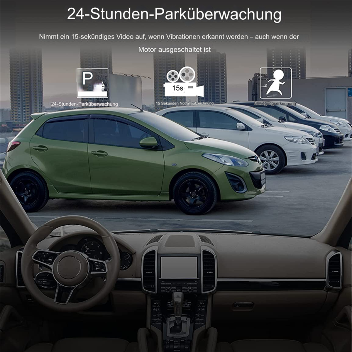 Ein Auto-Innenraum mit einem grünen Auto und anderen geparkten Autos. Die Stadt ist im Hintergrund.