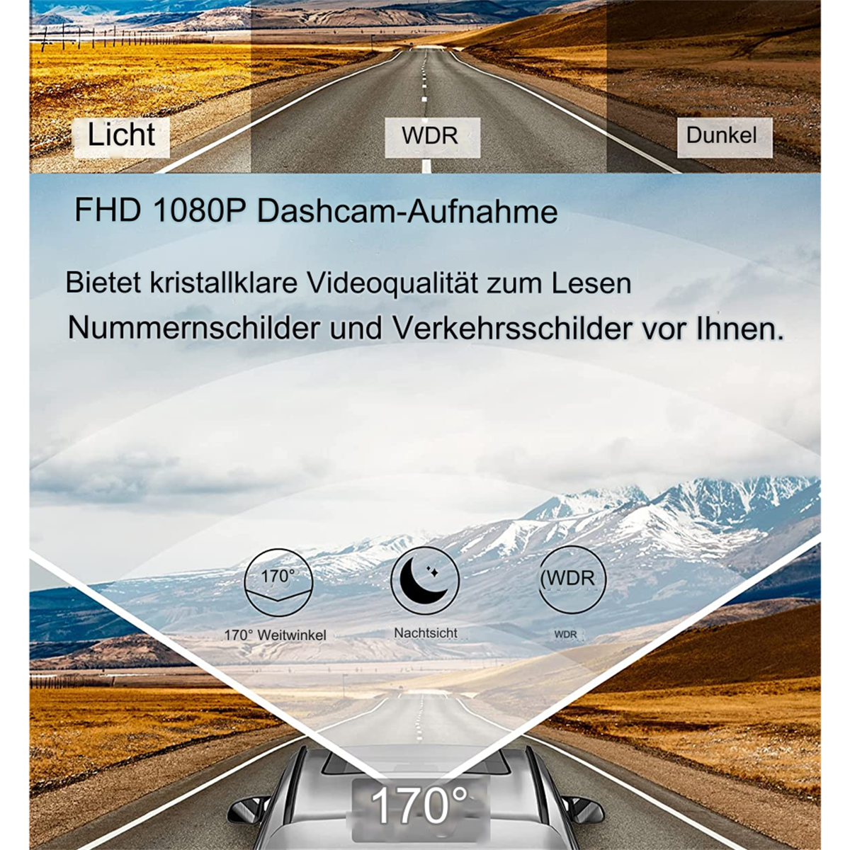 Eine Dashcam zeigt eine Straße mit unterschiedlichen Lichtverhältnissen.