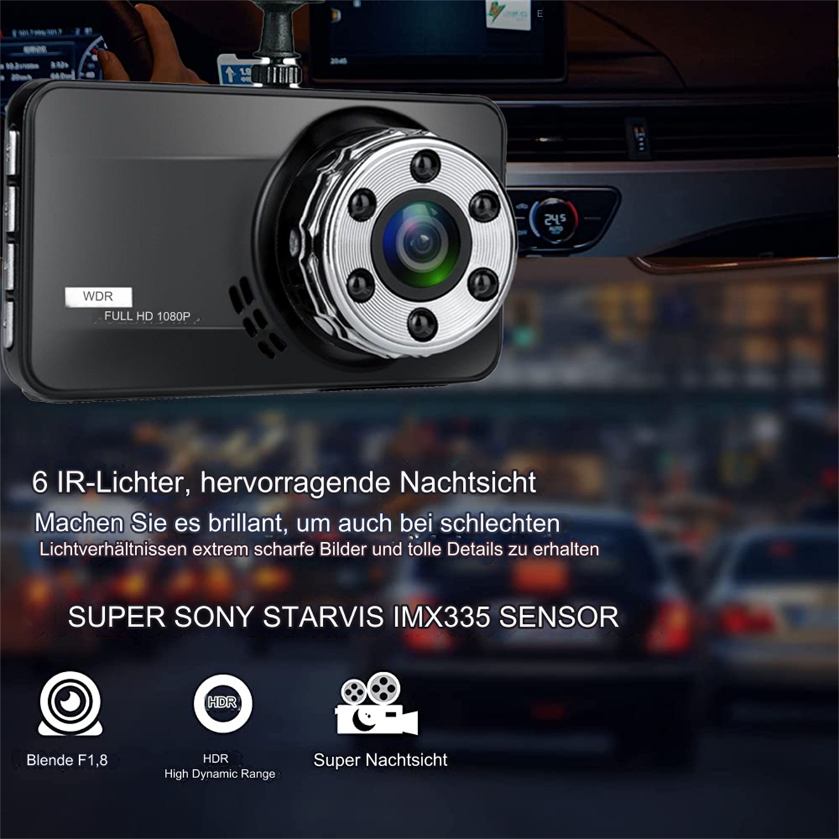 Schwarze Dashcam mit Display, umgeben von deutschem Text und Symbolen.