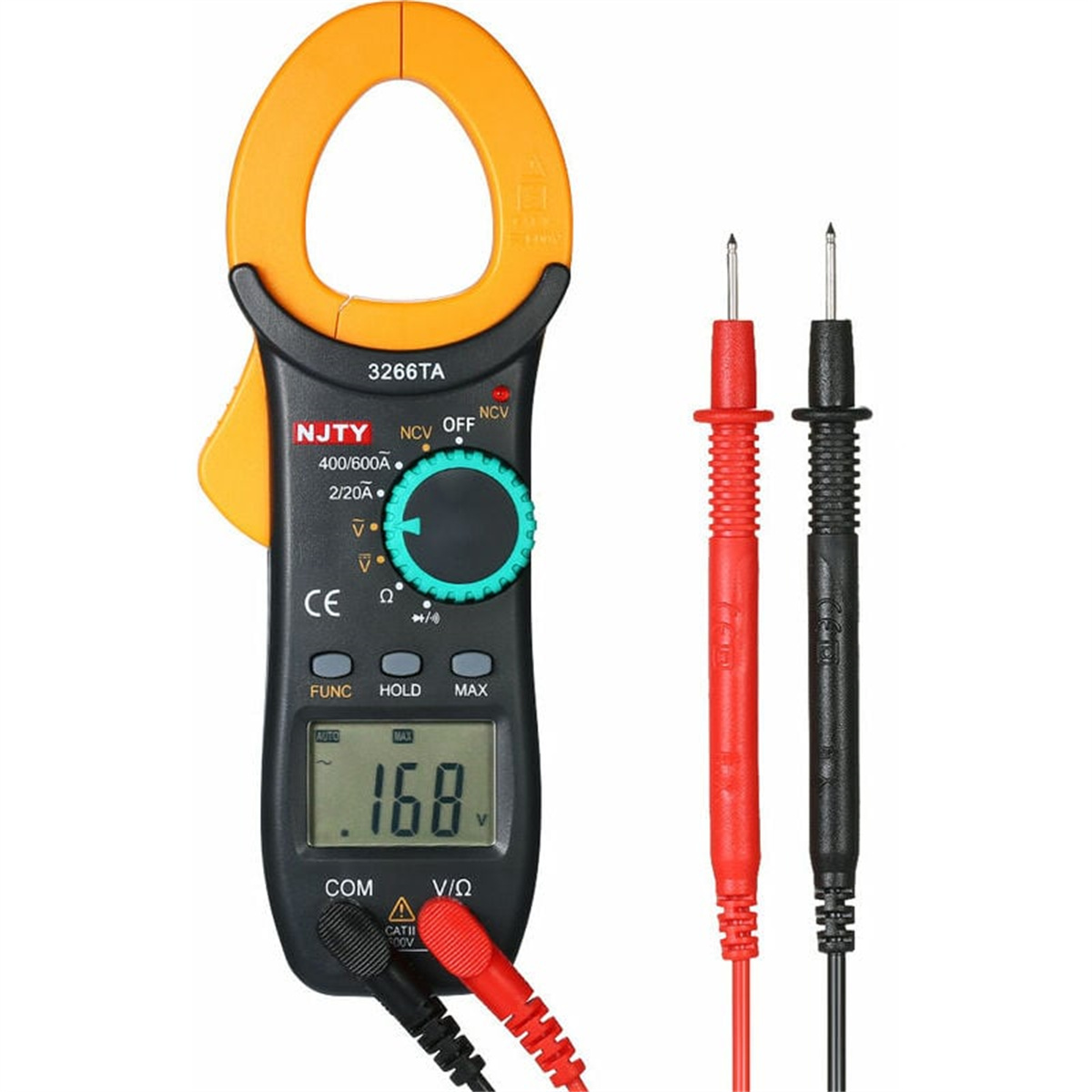 Ein Multimeter mit Sonden, schwarz und rot, und einer gelben Klemme. Das Display zeigt einen Wert an.