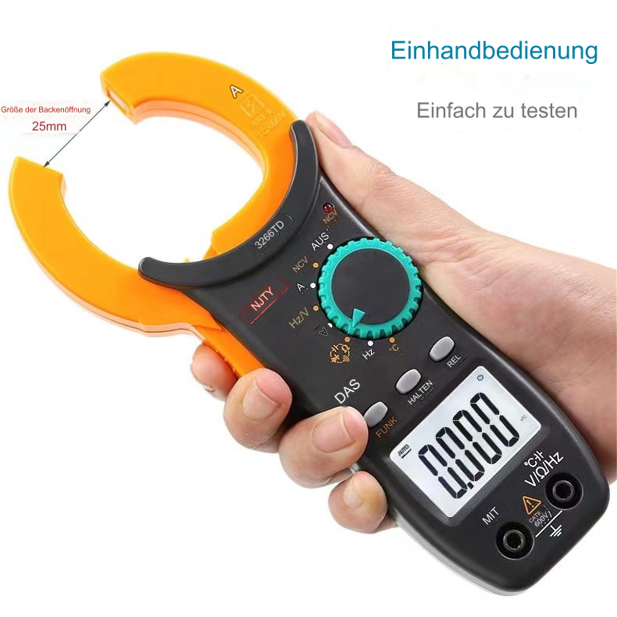 Eine Hand hält ein Multimeter. Das Gerät ist orange und schwarz, mit einer Digitalanzeige 0.000.