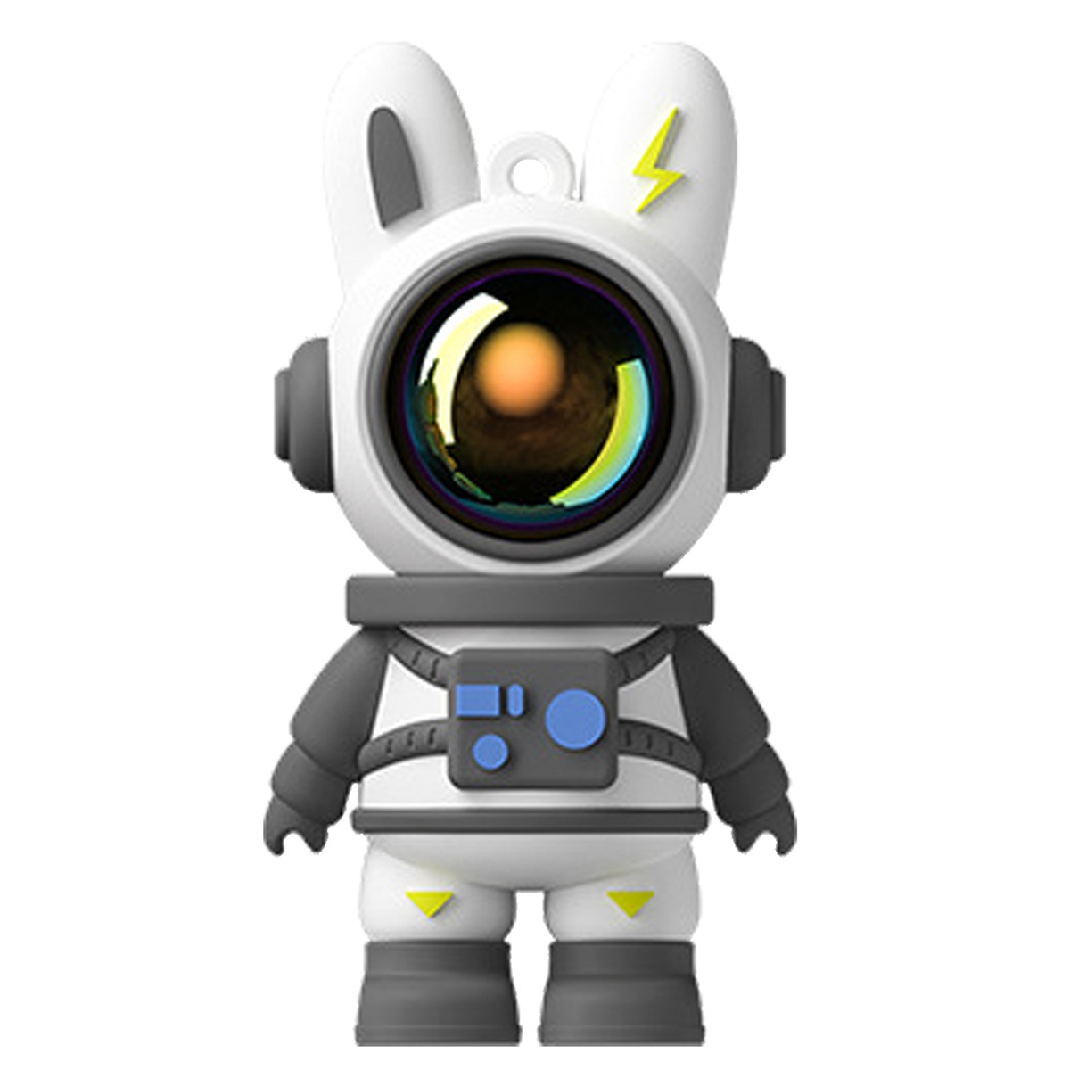 Niedliche Astronauten-Hasenfigur mit Kameraobjektiv-Gesicht.
