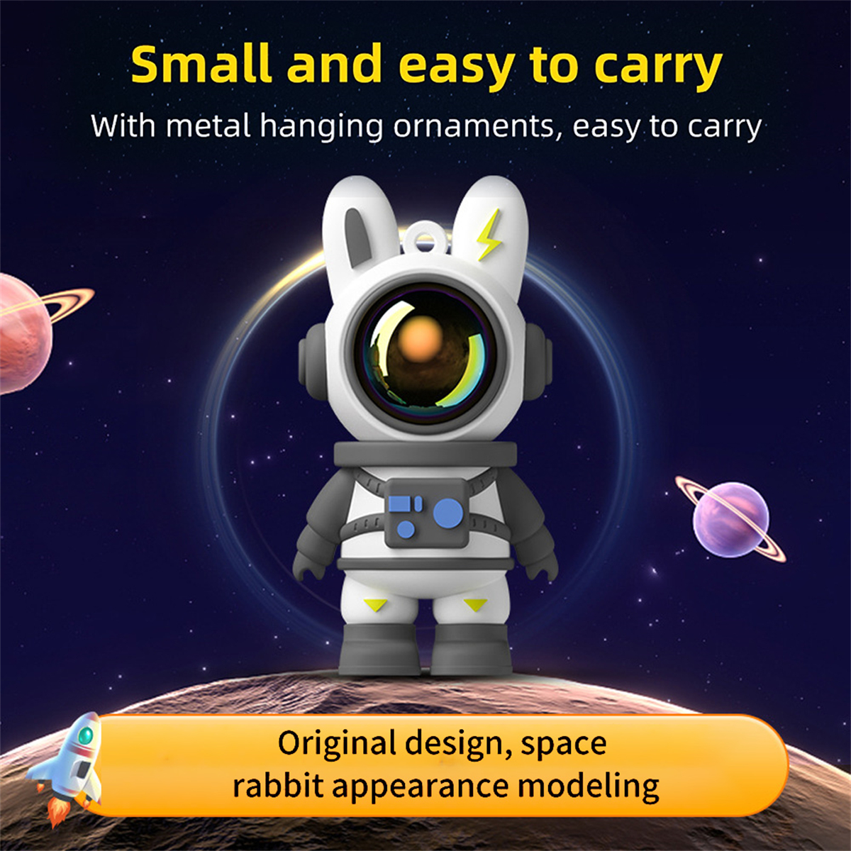 Astronaut-Hasen-Spielzeug in einer Weltraumszene mit Planeten. Enthält Text über das Design.