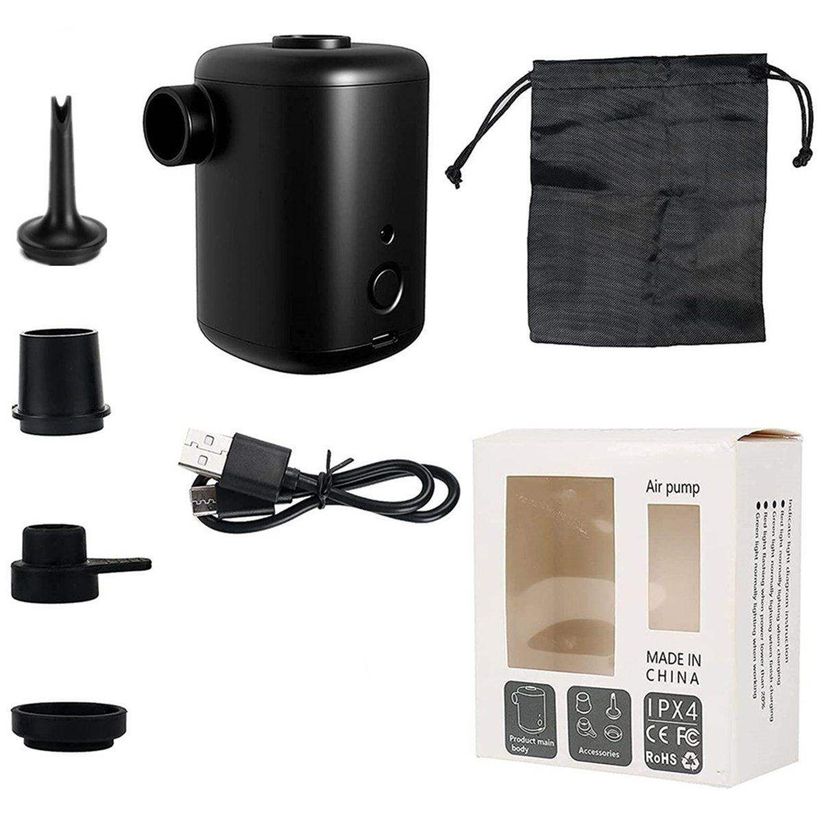 Eine Luftpumpe mit Zubehör und eine Box. Verschiedene Aufsätze sind sichtbar.