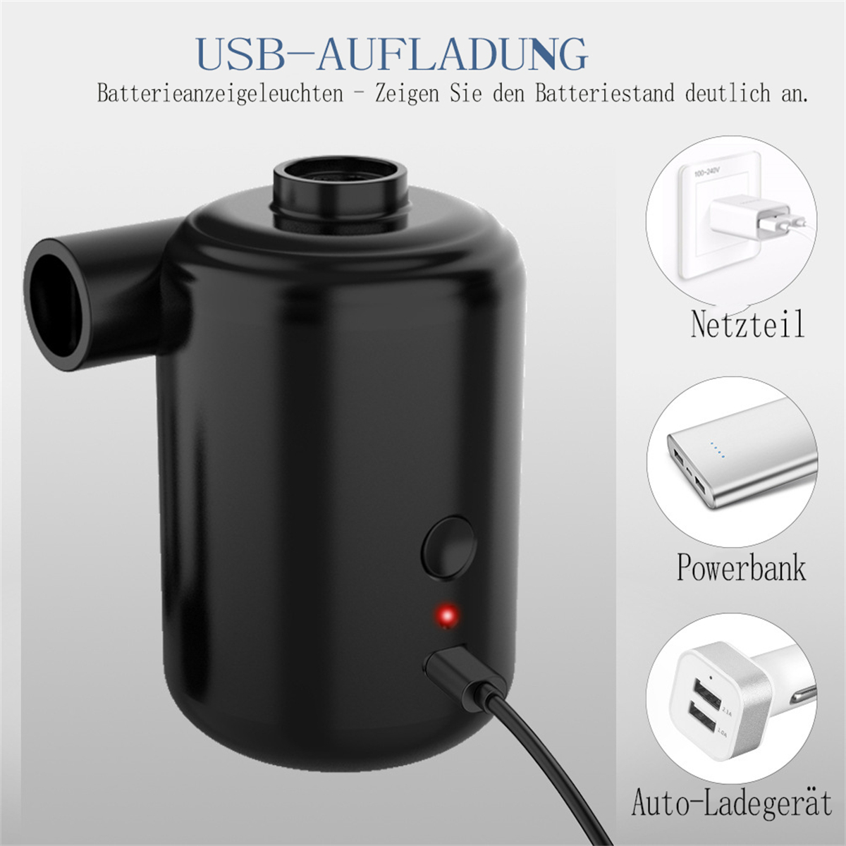 Schwarze tragbare Luftpumpe mit USB-Ladeoptionen. Es hat Knöpfe und Lichter.