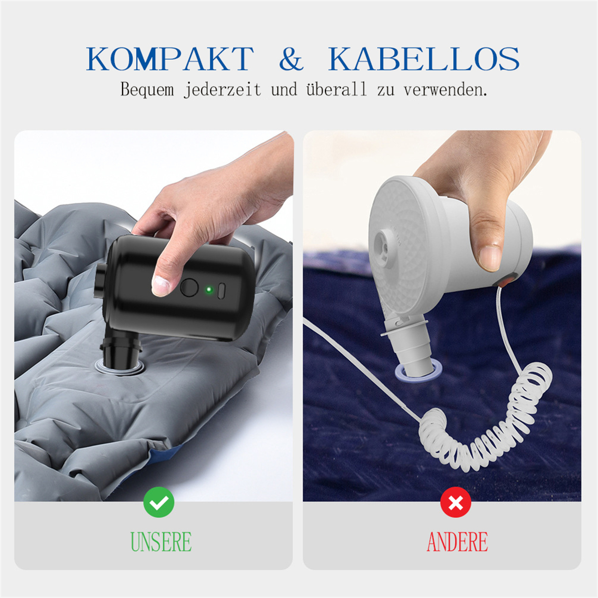 Zwei Bilder. Eines zeigt eine schwarze Pumpe auf einer grauen Matte. Das andere zeigt eine weiße Pumpe auf einer blauen Matte.