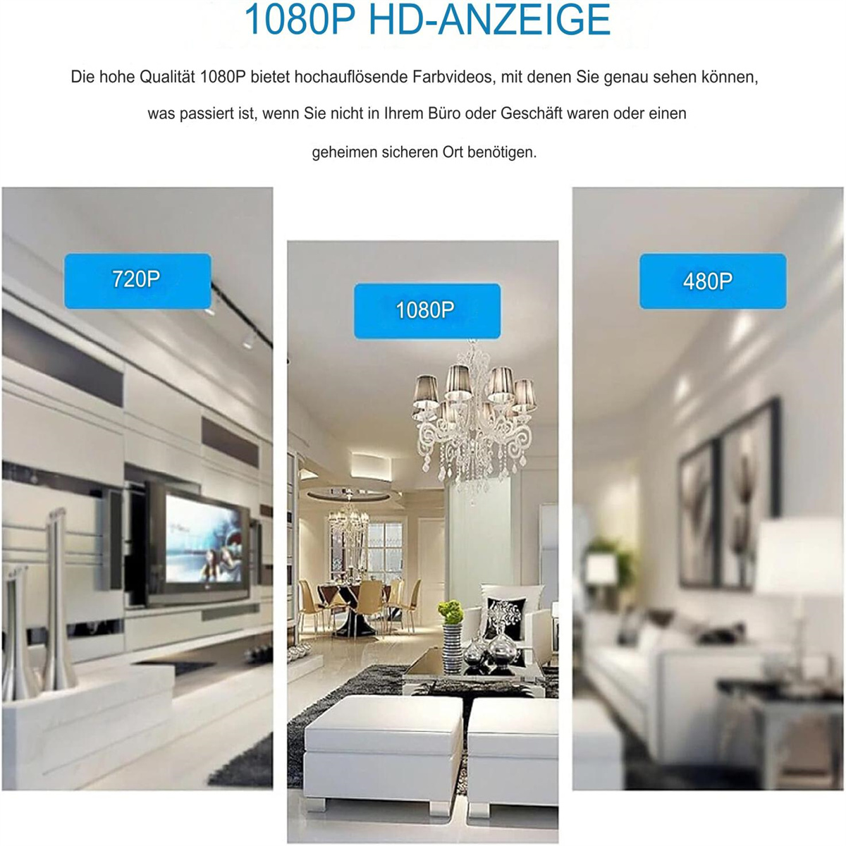 Drei Bilder zeigen die Qualität von 720P, 1080P und 480P Auflösung in einem Raum.