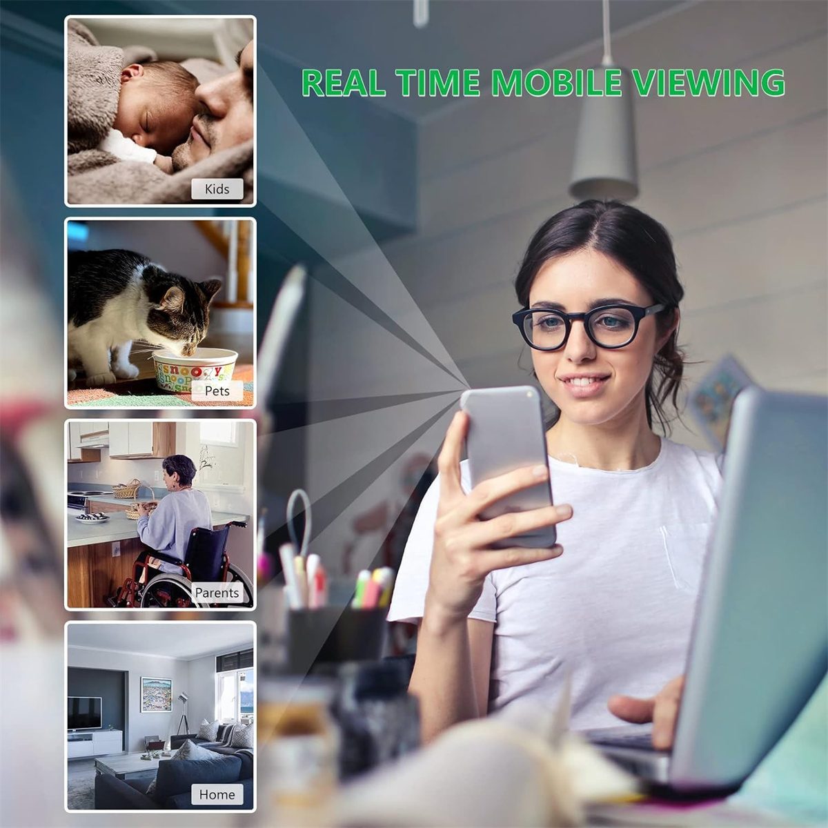 Frau, die ein Telefon mit mehreren Anzeigeoptionen verwendet: Kinder, Haustiere, Eltern und Zuhause. Text-Overlay.