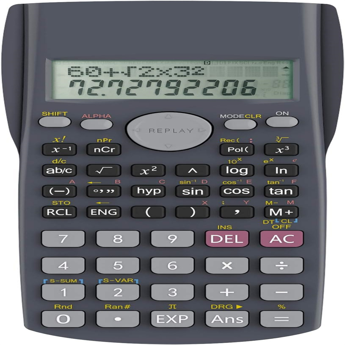 Grauer wissenschaftlicher Taschenrechner mit mehreren Tasten und einer Anzeige mit einer mathematischen Gleichung.